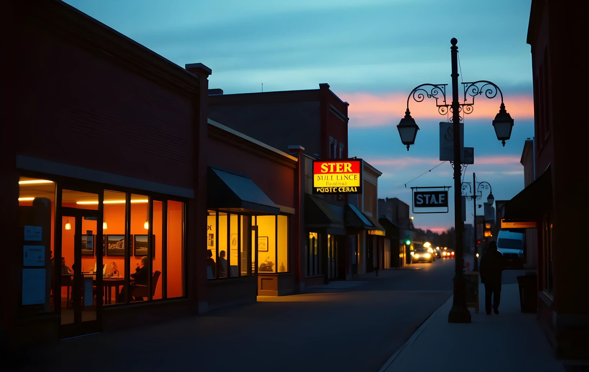 A wide environmental shot of a small-town commercial block at blue hour, warm amber light spilling generously from interior spaces through glass doors, a few distant figures strolling along the sidewalk, soft string-light bokeh overhead, brick and stucco facades catching the last pink streak of sunset, the whole scene bathed in a quiet after-work calm, no text or signage visible anywhere