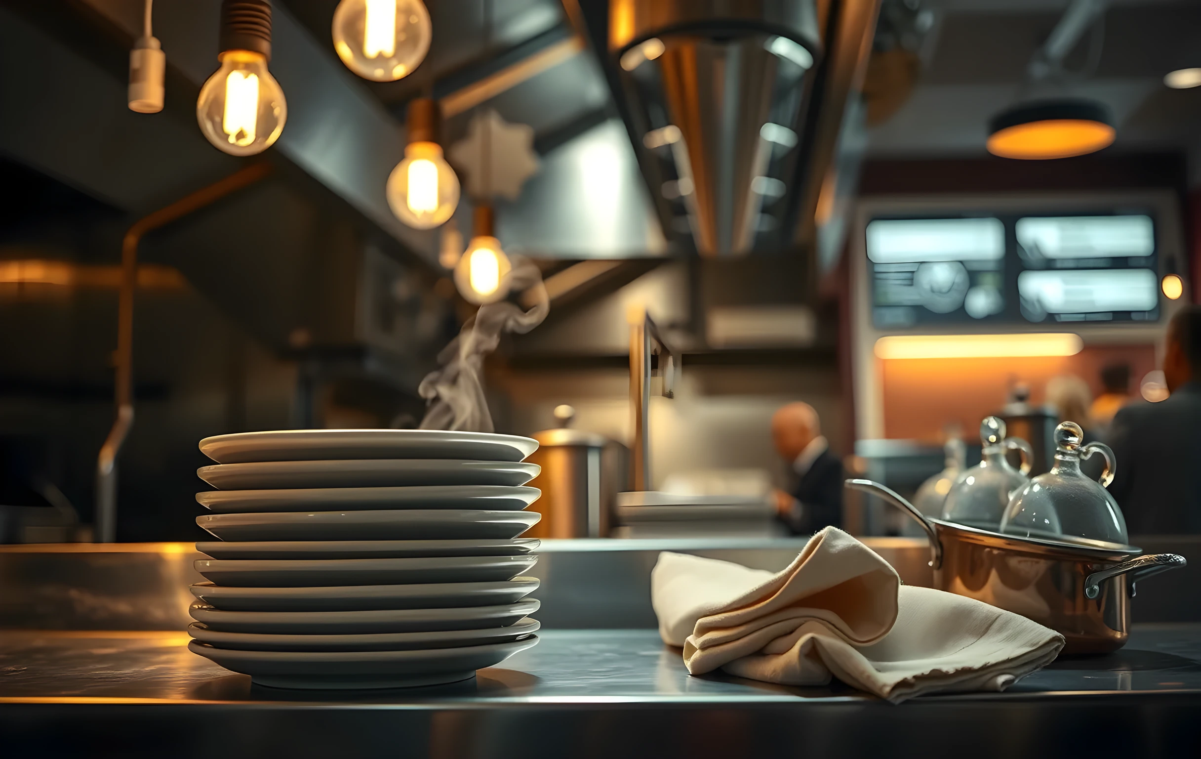A mid-range view inside a restaurant kitchen pass area lit by warm tungsten bulbs, a stack of clean ceramic plates catching soft reflections on stainless steel, a copper stockpot with gentle steam curling upward and diffusing the light behind it, folded linen napkins and a glass carafe resting in soft focus nearby, the background dissolving into a warm amber blur of activity, no faces, no hands, no text of any kind