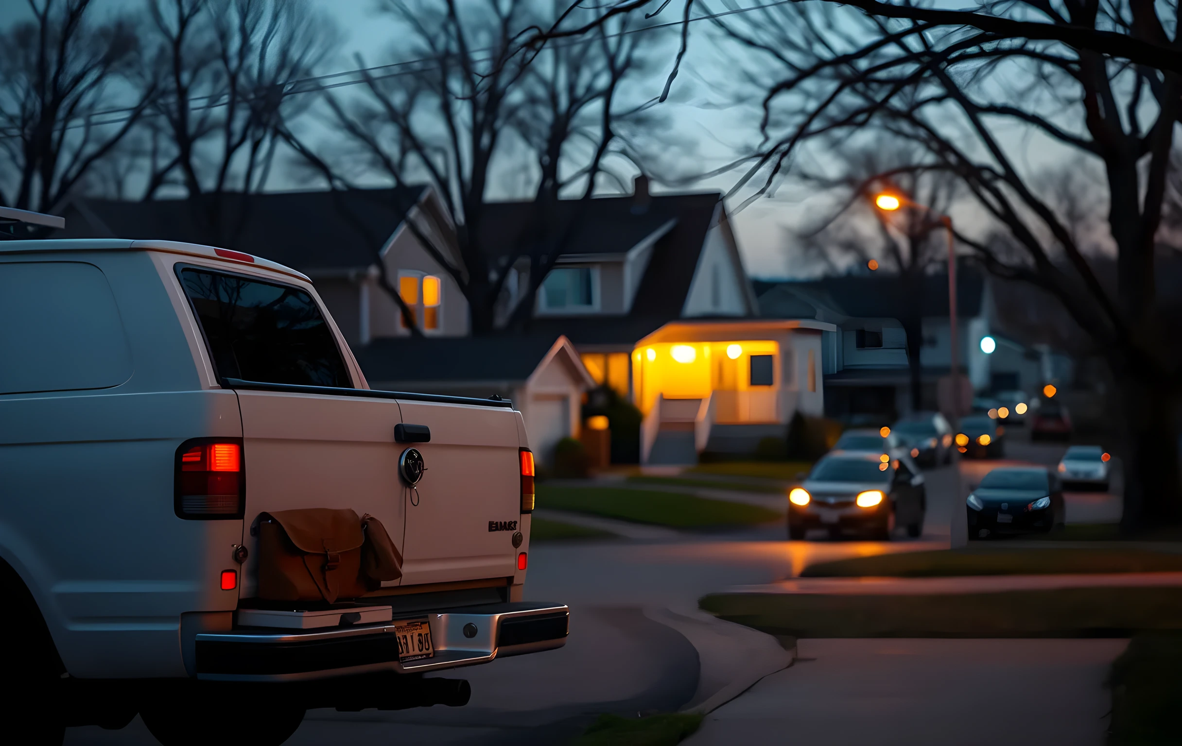 A wide-angle view of a suburban residential street at golden-hour dusk: a white work van with its tailgate down is parked in a driveway, a heavy canvas toolbelt hangs from the bumper, warm porch lights glow on three neighboring houses receding into soft blue twilight, and a few bare tree branches frame the top of the scene. Medium-to-far distance, no visible faces or hands, no readable text or signage anywhere