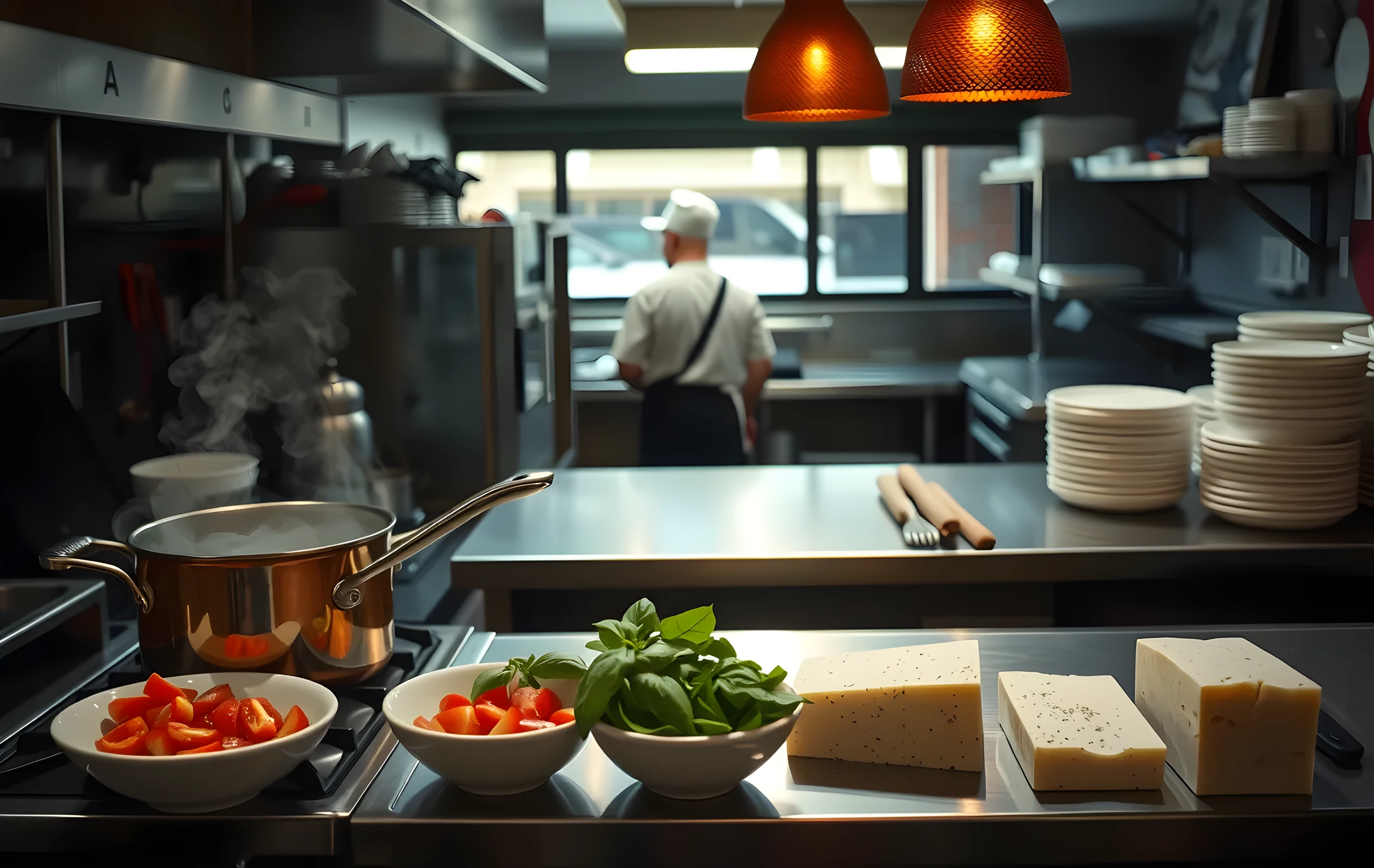 A medium-distance view inside a small-town restaurant kitchen during prep: steam curls upward from a large copper stockpot on a gas range, a stainless-steel prep counter holds ceramic bowls of chopped tomatoes, whole basil leaves, and a block of Parmesan, warm amber pendant lights hang above, and the back of a chef in a dark apron is visible at mid-distance near the pass. No close-up faces or hands, no readable text, no signage