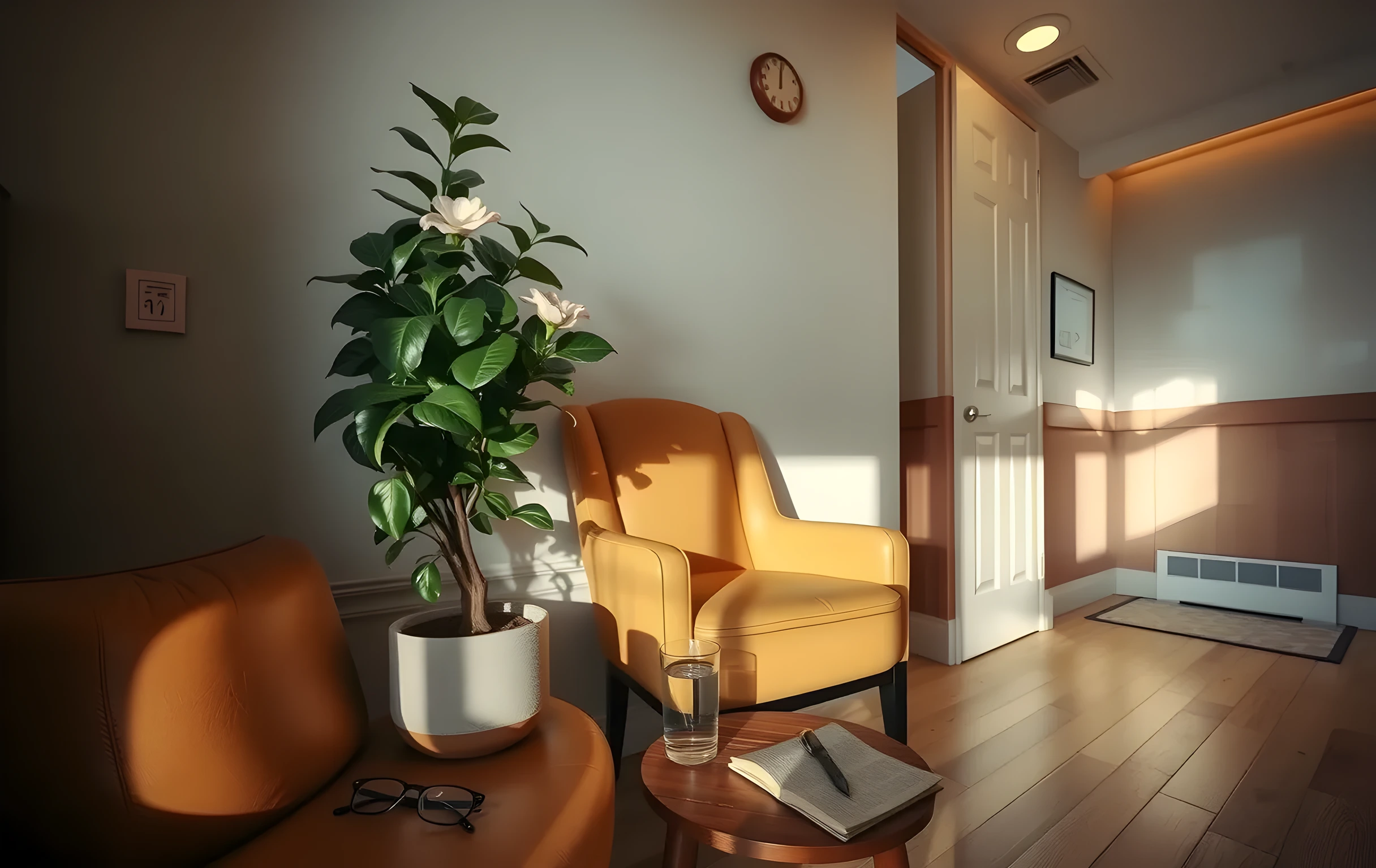 The corner of a small-town clinic waiting room in soft afternoon light, a well-worn tan leather armchair beside a tall potted fiddle-leaf fig in a rough clay pot, a ceramic water glass and a folded pair of reading glasses resting on a low wooden side table, warm recessed ceiling lights casting gentle pools across pale oak flooring, a closed interior door visible at the far edge of the frame, no text or screens