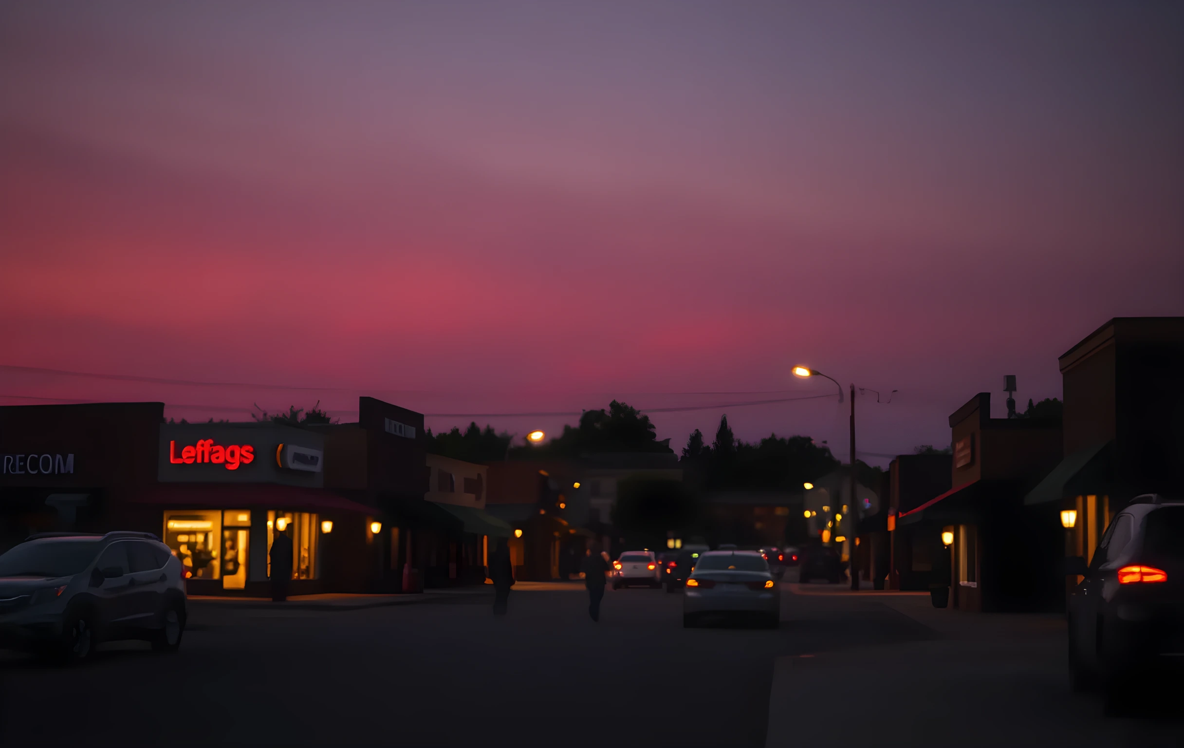 A small-town commercial district at golden hour seen from a wide distance down the block, mixed low-rise buildings with warm amber interior light glowing through their windows, a few cars parked along the curb catching the last orange light, the sky deep violet and rose above the rooftops, the overall scene quiet and atmospheric with no visible text or signage, soft haze in the air suggesting late summer evening