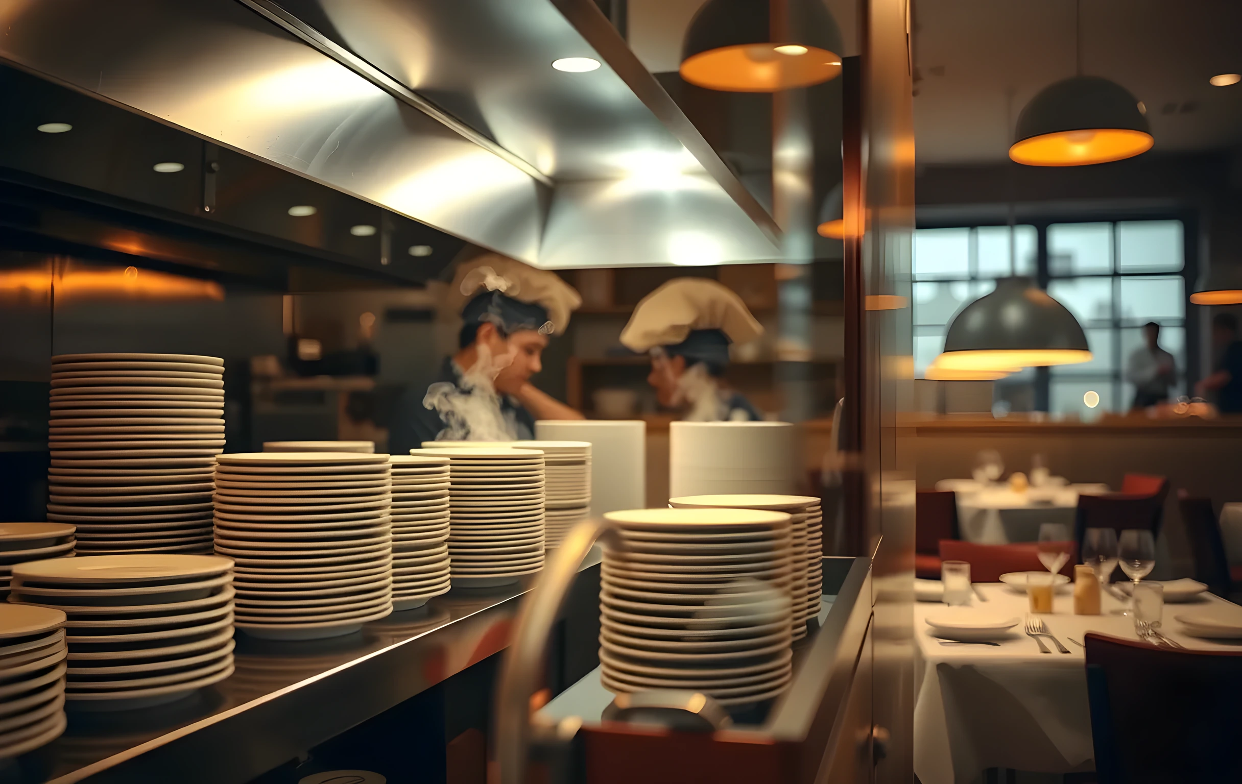 A tight view of a restaurant kitchen pass area at service time, stainless steel counters reflecting warm overhead heat-lamp glow, stacked white plates with gentle steam rising between them, the edge of a glass service window in the foreground framing the scene, blurred dining-room chairs and table settings softly visible beyond the glass, rich warm tones of copper and cream, no people visible, no text anywhere in the frame