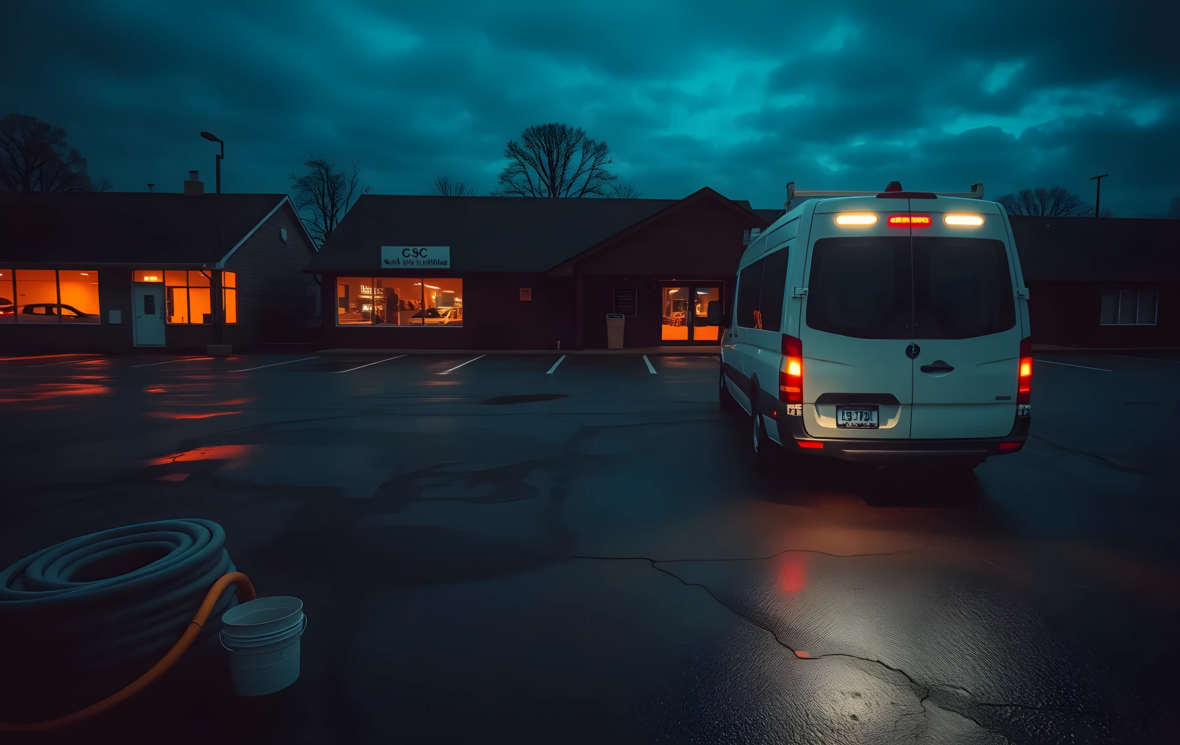 A wide-angle view of a quiet parking lot behind a row of small commercial buildings at blue-hour dusk, one contractor van parked with its rear work light blazing white onto the cracked asphalt, a coiled garden hose and a steel bucket sitting nearby, warm amber interior lights glowing through the building windows in the far background, wet pavement catching soft reflections, no people visible, no text or signage anywhere in frame