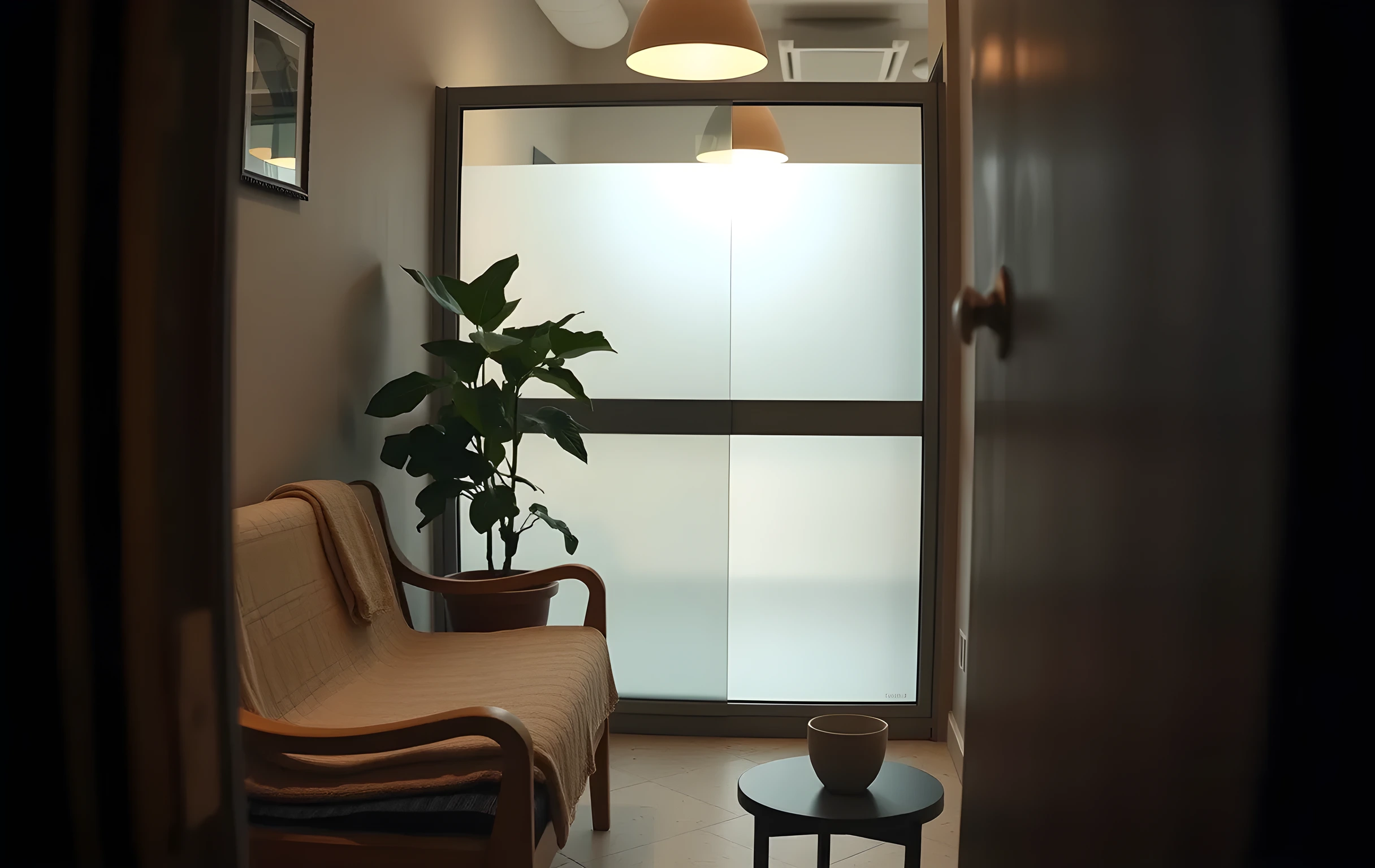 A close-detail shot inside a small dental clinic waiting room at early morning, a worn wooden bench with a folded beige blanket resting on it, a large potted fiddle-leaf fig beside a frosted glass partition door that is slightly ajar with soft warm light spilling through the gap, overhead pendant lighting casting gentle shadows on a pale terrazzo floor, a ceramic cup of water on a low side table, no people, no screens, no text or signage visible