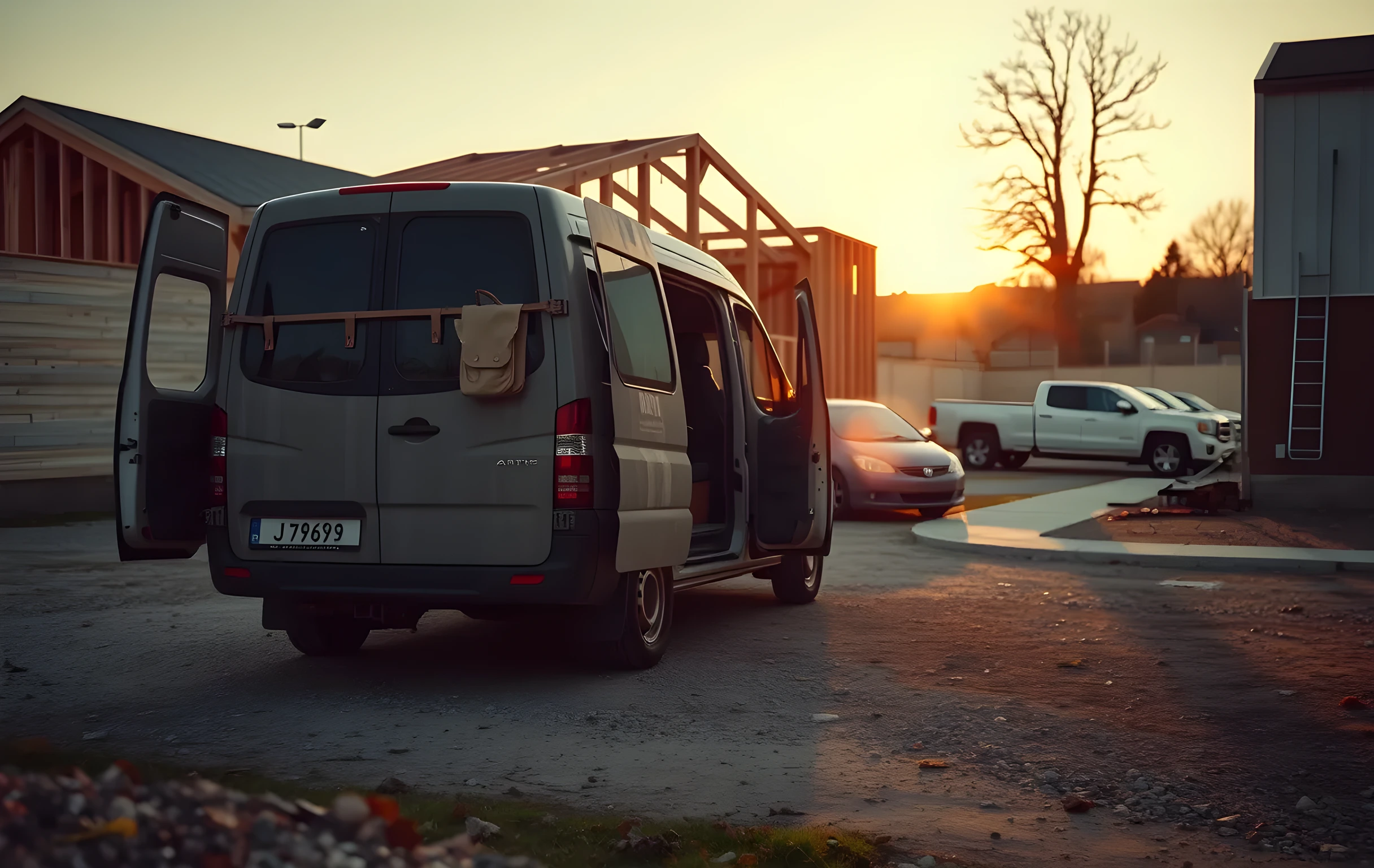 A wide shot of a gravel parking lot at golden hour beside a half-finished residential build, a weathered work van parked at an angle with its rear doors open and a thick canvas toolbelt draped over the tailgate, low mist curling between the wooden framing studs in the background, warm amber light raking across the dirt ground, no people visible