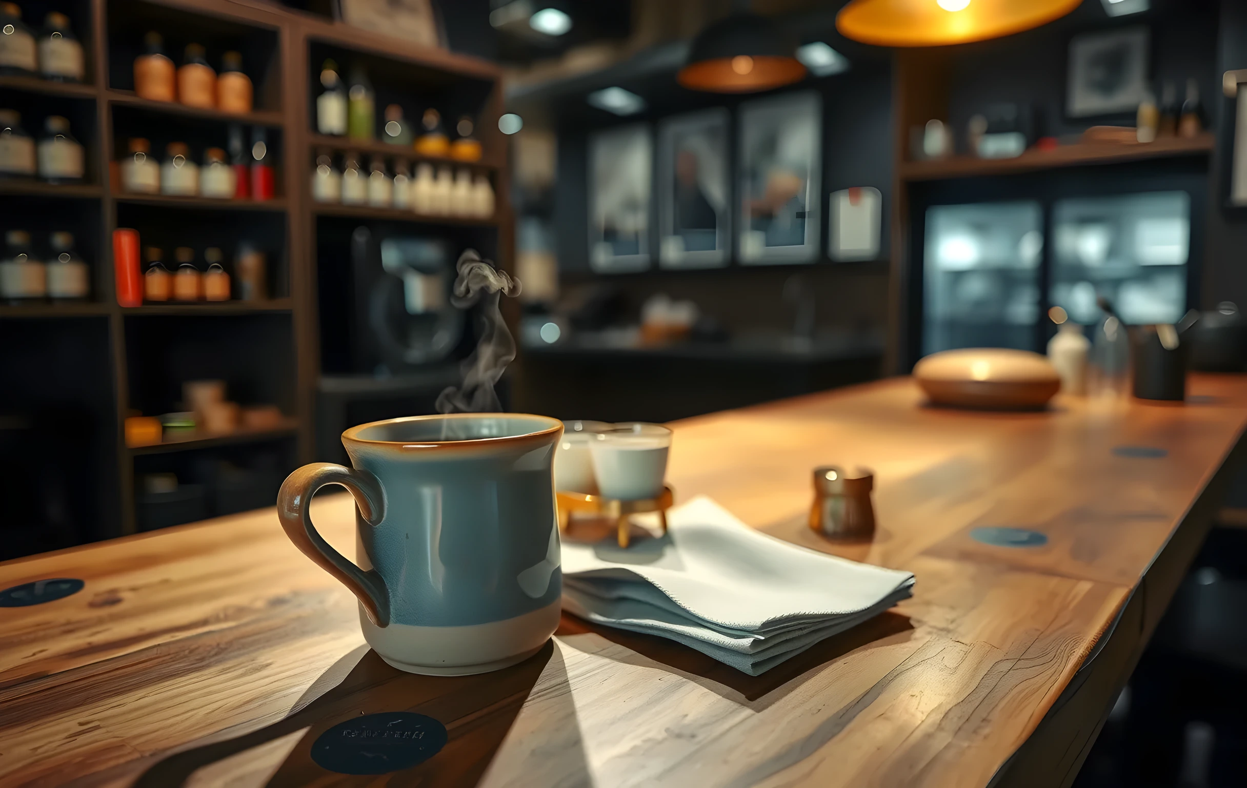 A close-up of a scarred butcher-block kitchen counter in a working restaurant at service hour, a heavy ceramic mug of black coffee steaming beside a small brass condiment caddy and a folded linen napkin, warm tungsten overhead light casting long soft shadows, the background softly blurred into dark wood shelving, no people, no text