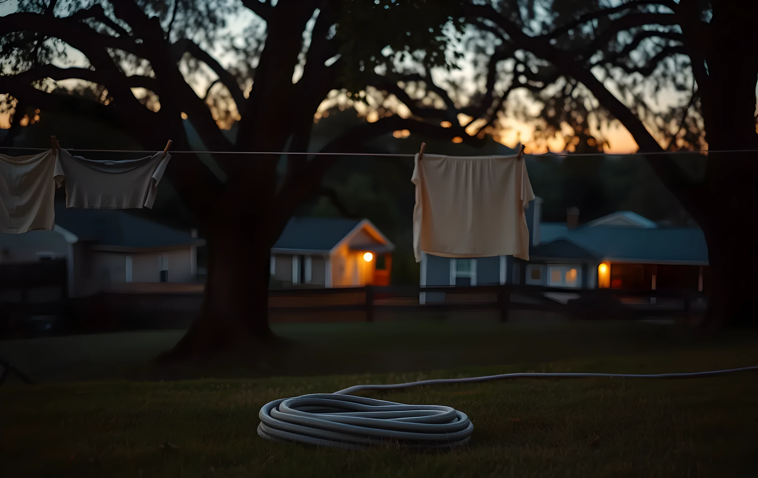 A wide backyard at golden hour, clotheslines strung between two oak trees with cotton shirts and a long sheet catching warm amber light, a coiled garden hose resting on mowed grass in the foreground, distant neighborhood rooftops and porch lights glowing soft orange beyond a split-rail fence, late-summer stillness, no people visible