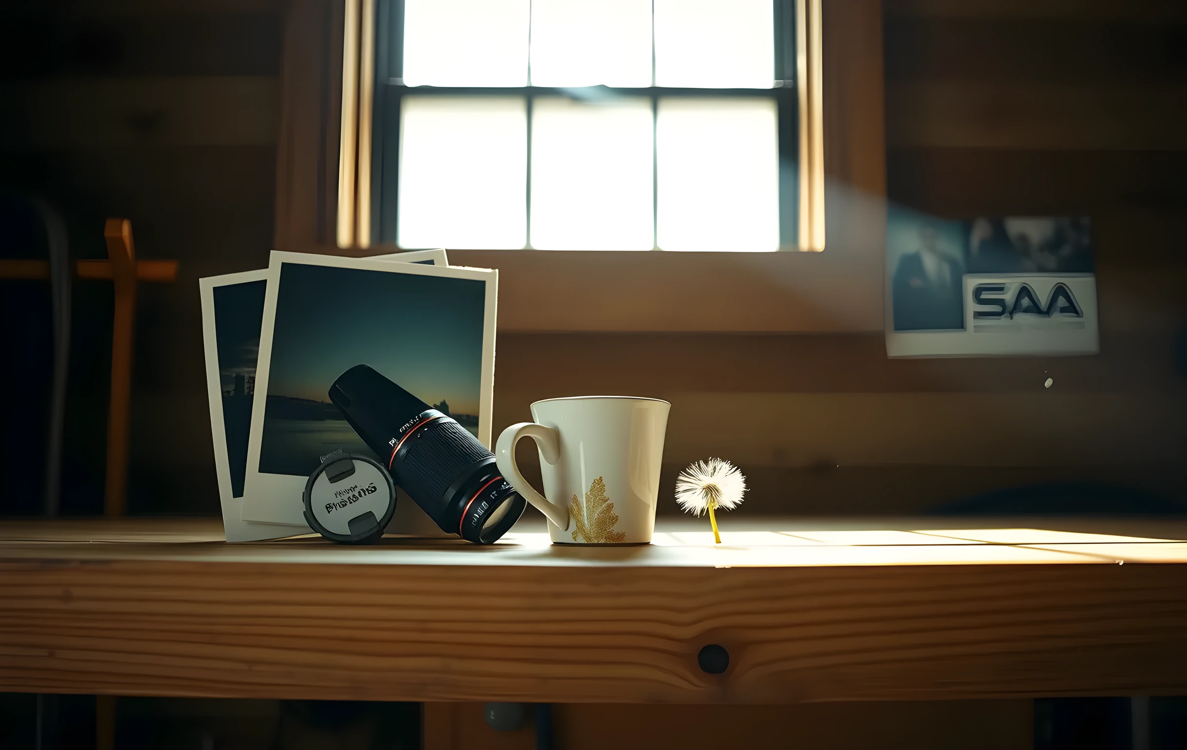 A close detail of a weathered wooden utility shelf in a garage, three or four faded physical photo prints leaning against a chipped ceramic mug, a brass camera lens cap, a small roll of 35mm film, and a single dandelion seed head resting on the shelf edge, a thin shaft of afternoon sunlight cutting through from a high window behind, dust motes suspended in the light beam, no text or faces
