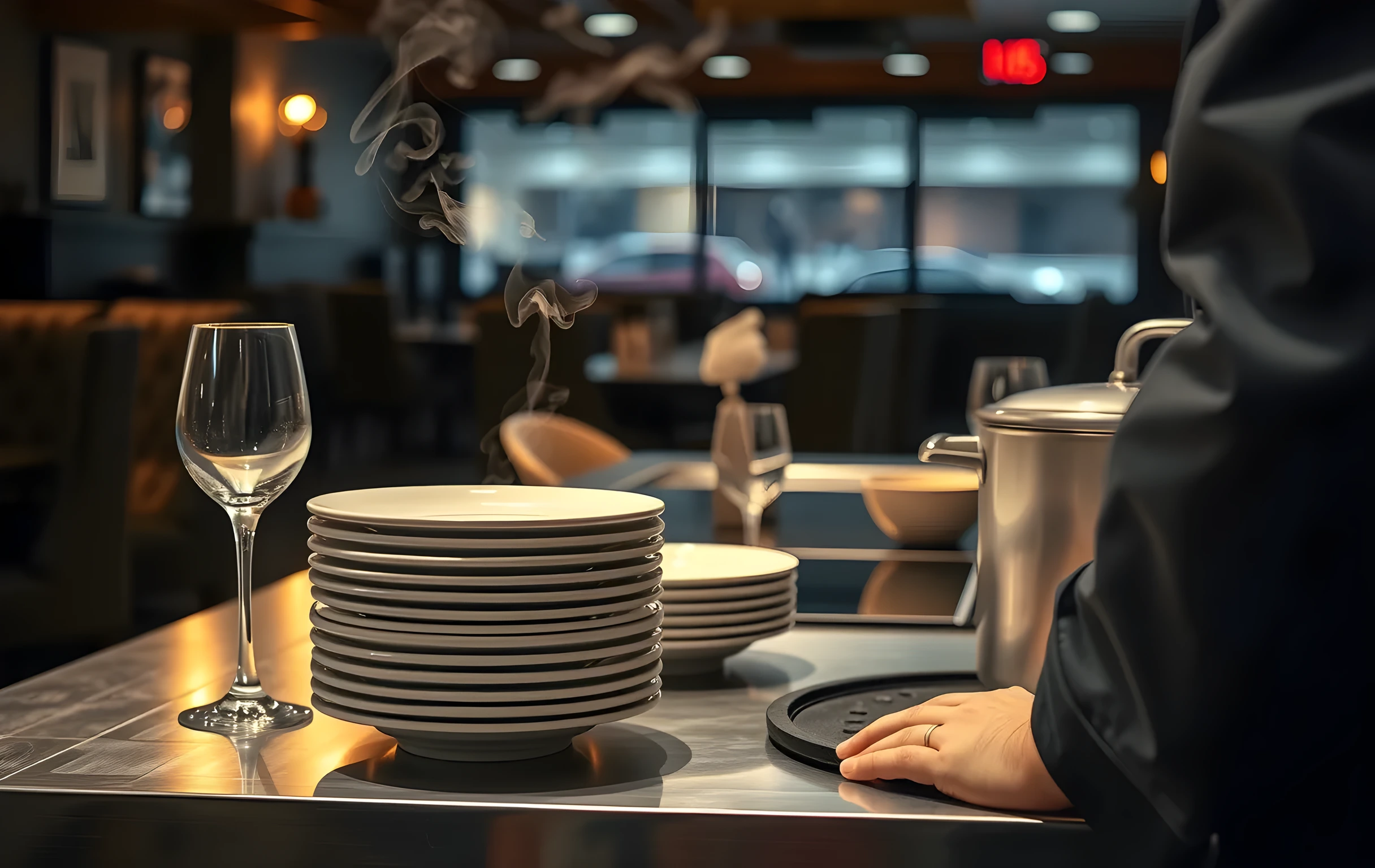 A restaurant kitchen pass at the end of evening service, a stainless-steel counter holding a neat stack of white ceramic plates and two stemmed wine glasses catching warm tungsten light from overhead, gentle steam curling upward from a stock pot in the mid-ground, the softly blurred dining room visible beyond with the dark silhouettes of upholstered chairs, a chef's navy jacket sleeve resting on the counter edge at medium distance, intimate close-detail framing, no faces, no text, no screens