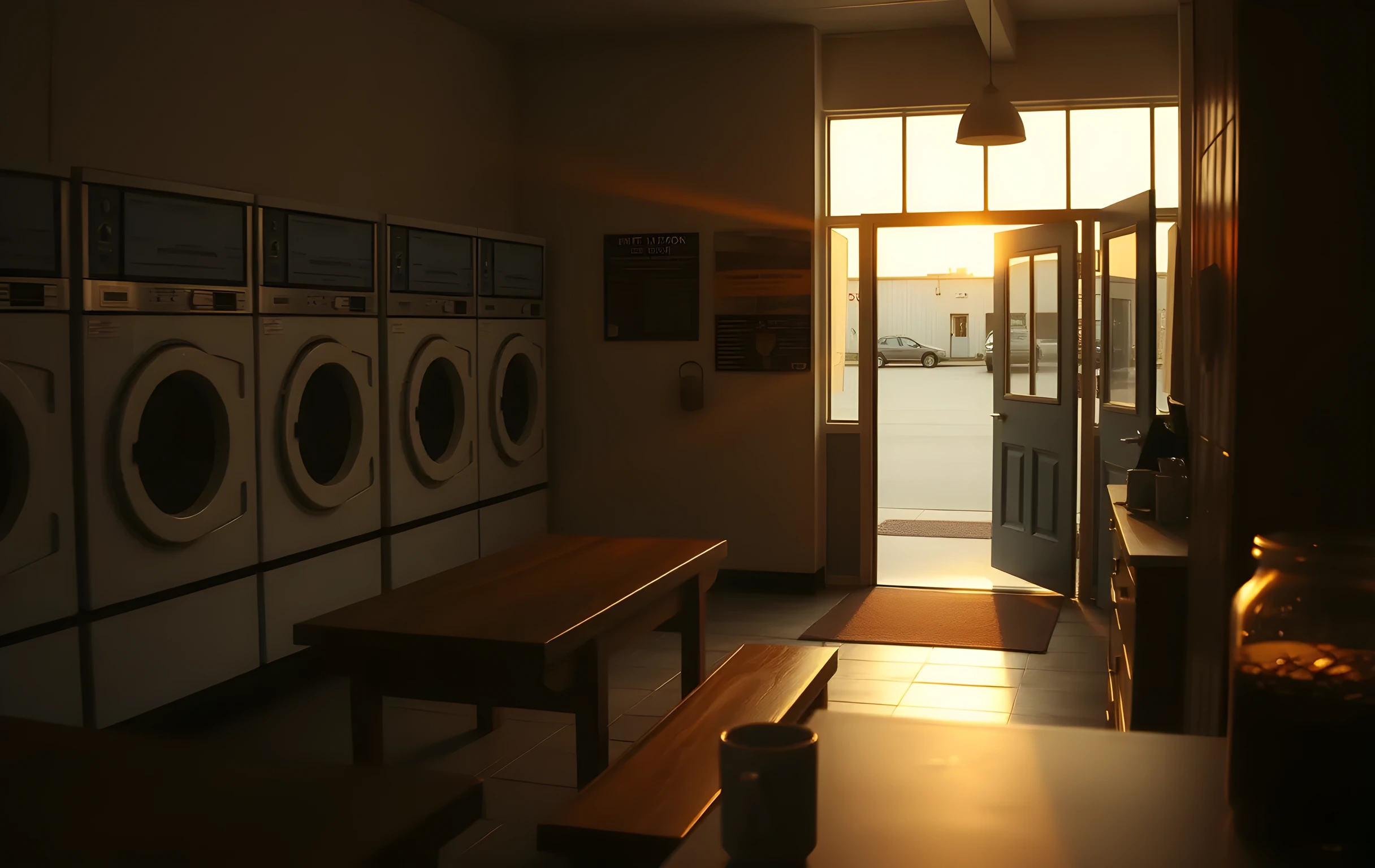A wide interior shot of a small-town laundromat at golden hour, rows of white dryers glowing amber with tumbling clothes inside, long wooden benches empty along the wall, evening sunlight streaming through dusty front windows and casting long warm rectangles across worn linoleum floors, a ceramic mug of coffee on the counter beside a jar of loose coins, the back door propped open with a sliver of darkening sky visible beyond, no people present, quiet end-of-day stillness