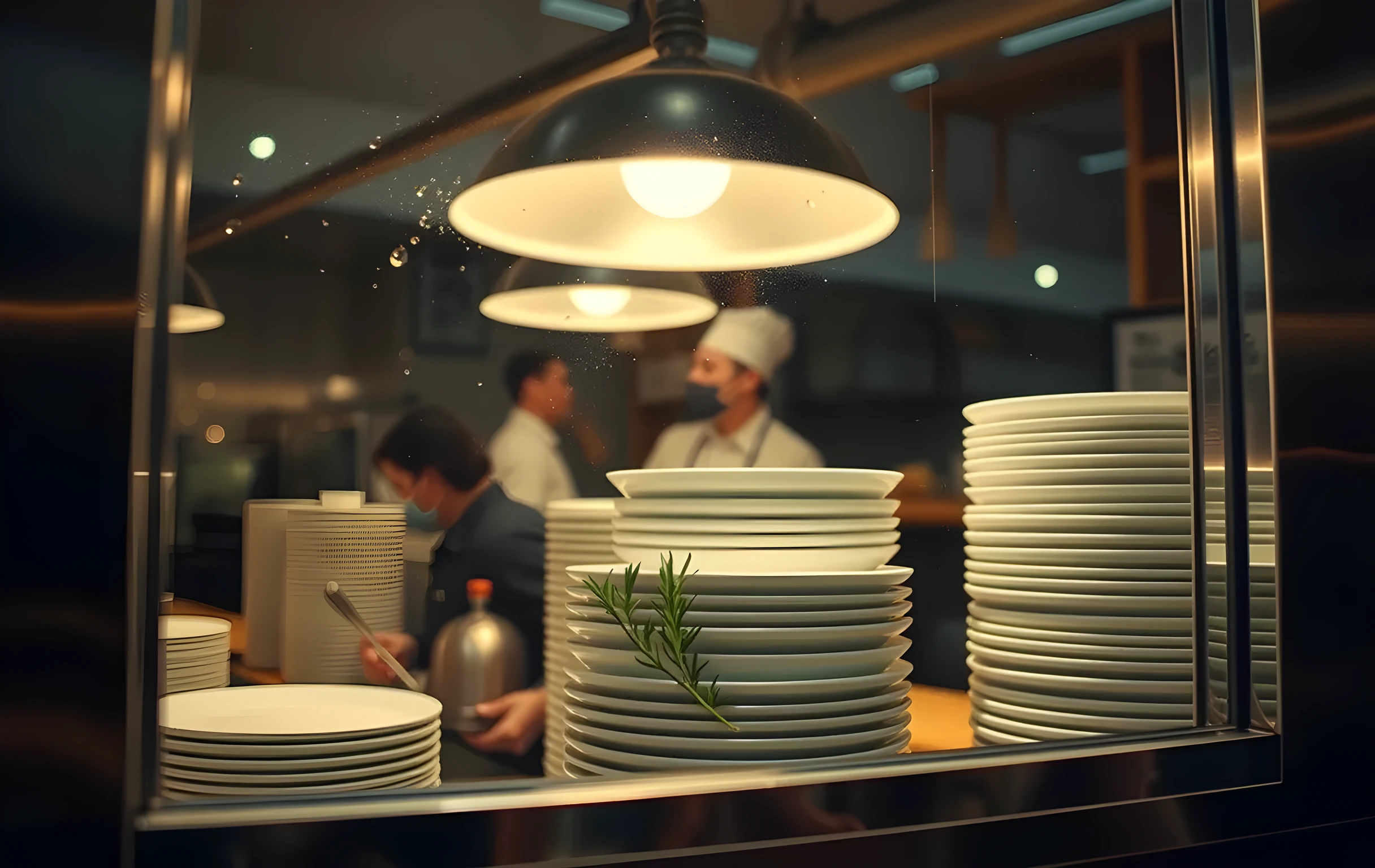 A medium-close view of a restaurant kitchen pass window during peak dinner service, the narrow opening framed in stainless steel, stacks of white ceramic plates catching the warm glow of overhead heat lamps, condensation beading on the inside of the glass, the blurred suggestion of movement and steam beyond the rail, a single sprig of rosemary tucked behind the plate stack, deep shadows in the surrounding kitchen, no readable text or signage visible