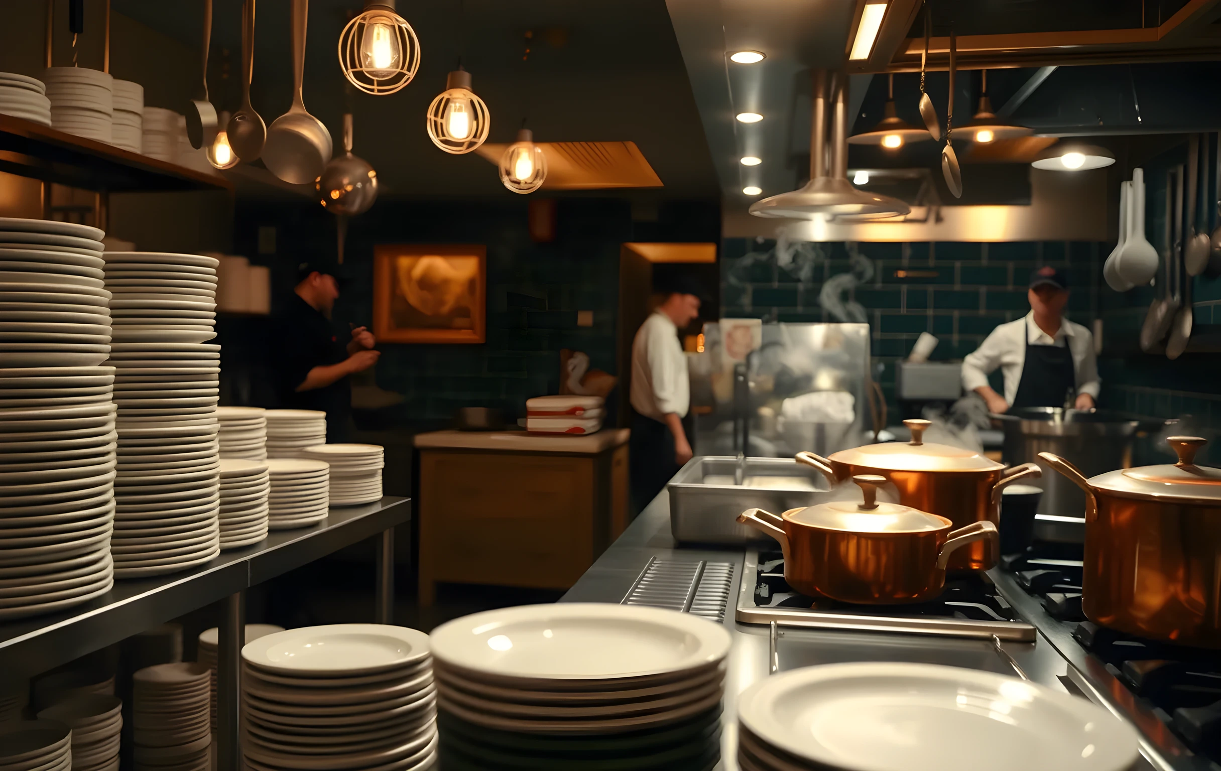 Wide-angle view inside a bustling restaurant kitchen at the pass station during dinner service, warm amber tungsten lighting casting long shadows across stainless-steel counters, a row of white ceramic plates stacked and waiting, steam curling upward from large copper pots on the stovetop, a chef in a dark apron visible at medium distance moving between prep stations, the scene filled with motion blur from hanging utensils swinging gently, deep green tile backsplash catching the warm light, no text or signage visible