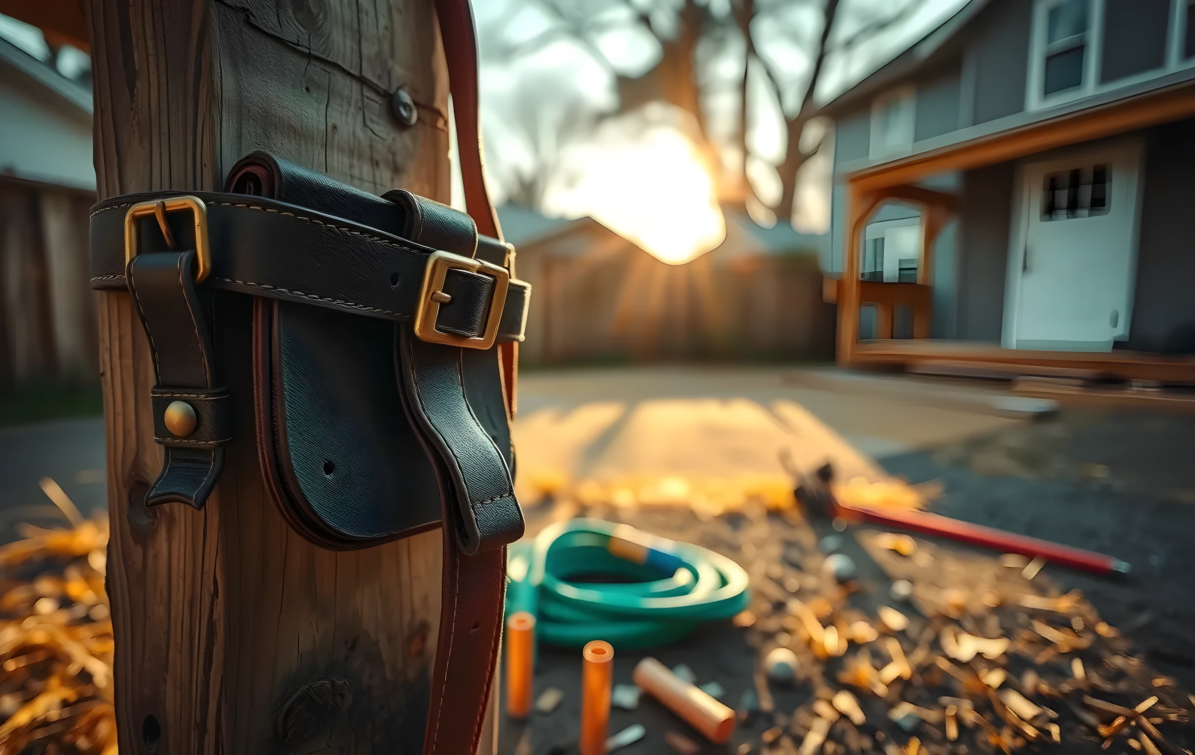 Close detail shot of a worn leather toolbelt hanging from a nail on a weathered wooden fence post at the edge of a residential job site, late golden-hour sunlight raking across the metal clamps, brass buckles, and frayed leather straps, a half-finished cedar deck structure visible in soft background blur, a coiled green extension cord resting on dry grass, scattered wood shavings on the dirt ground, the whole scene bathed in warm orange and amber tones, no people, no text, no signage