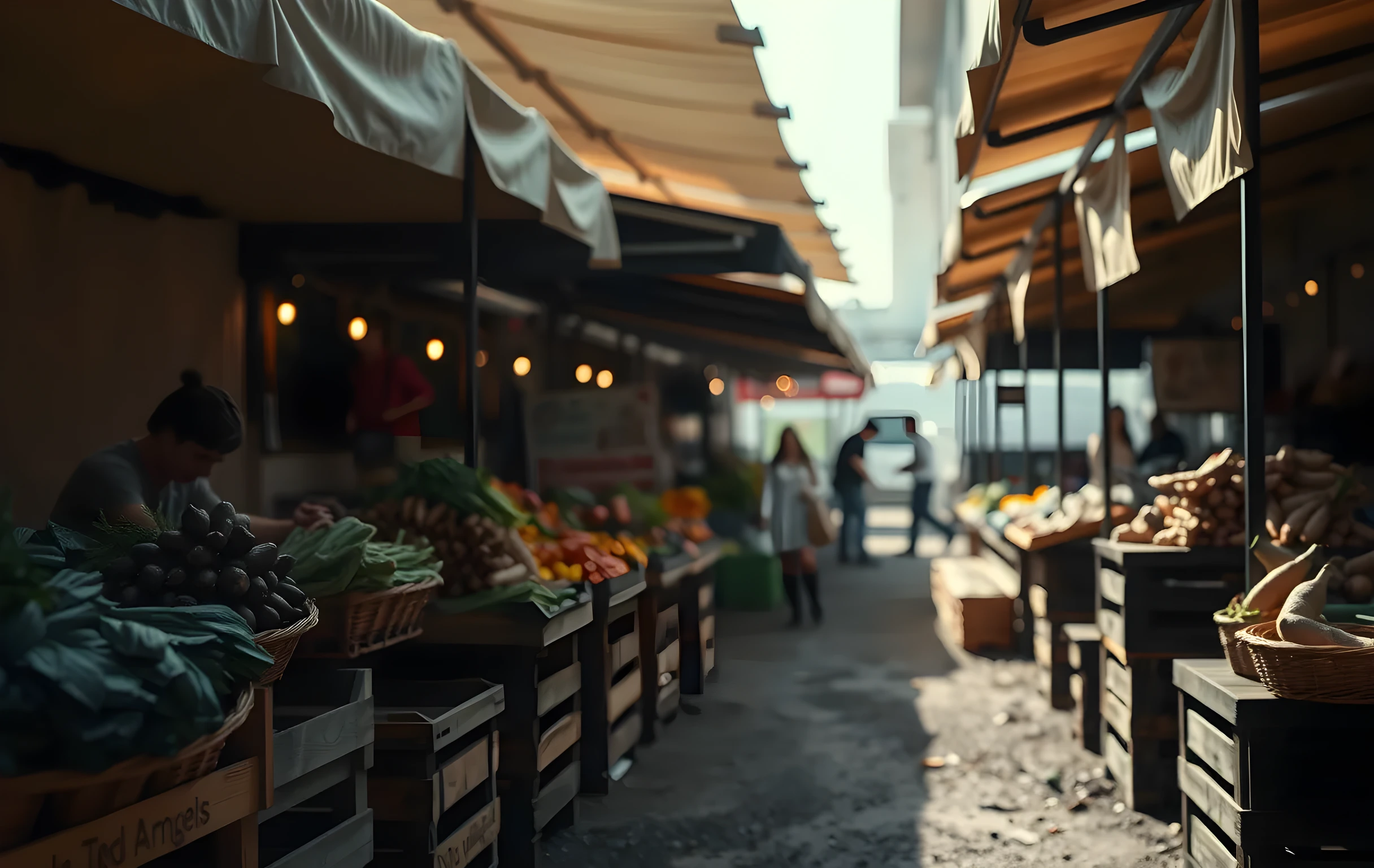 A wide early-morning scene of an open-air farmers market lane between rows of canvas vendor stalls, mist drifting low over wooden produce crates filled with dark greens and stacked root vegetables, a few blurred figures in the far distance sorting baskets, soft diffused light filtering through overhead string lights that are unlit, muted earth tones and cool blue shadows on packed dirt ground