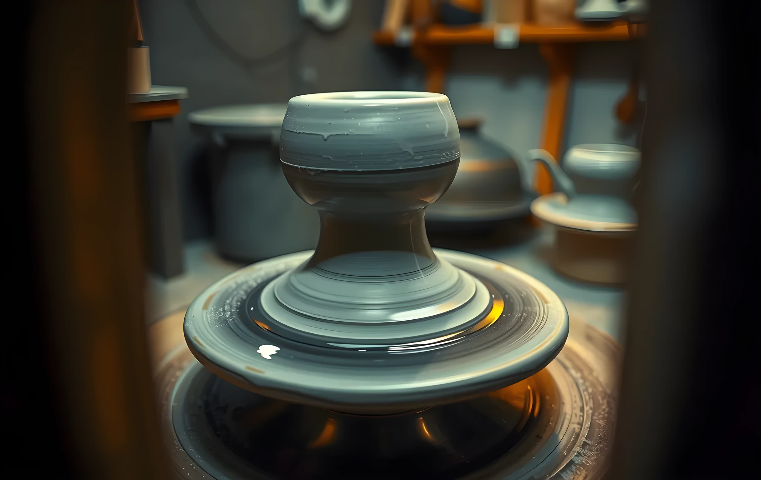A close detail view of a potter's wheel head spinning slowly in a small ceramics studio, wet gray clay forming into a shallow bowl shape, water pooling in the metal base tray reflecting warm tungsten light from a single overhead fixture, fine clay dust visible on the surrounding wooden workbench surface, deep amber and cool steel tones