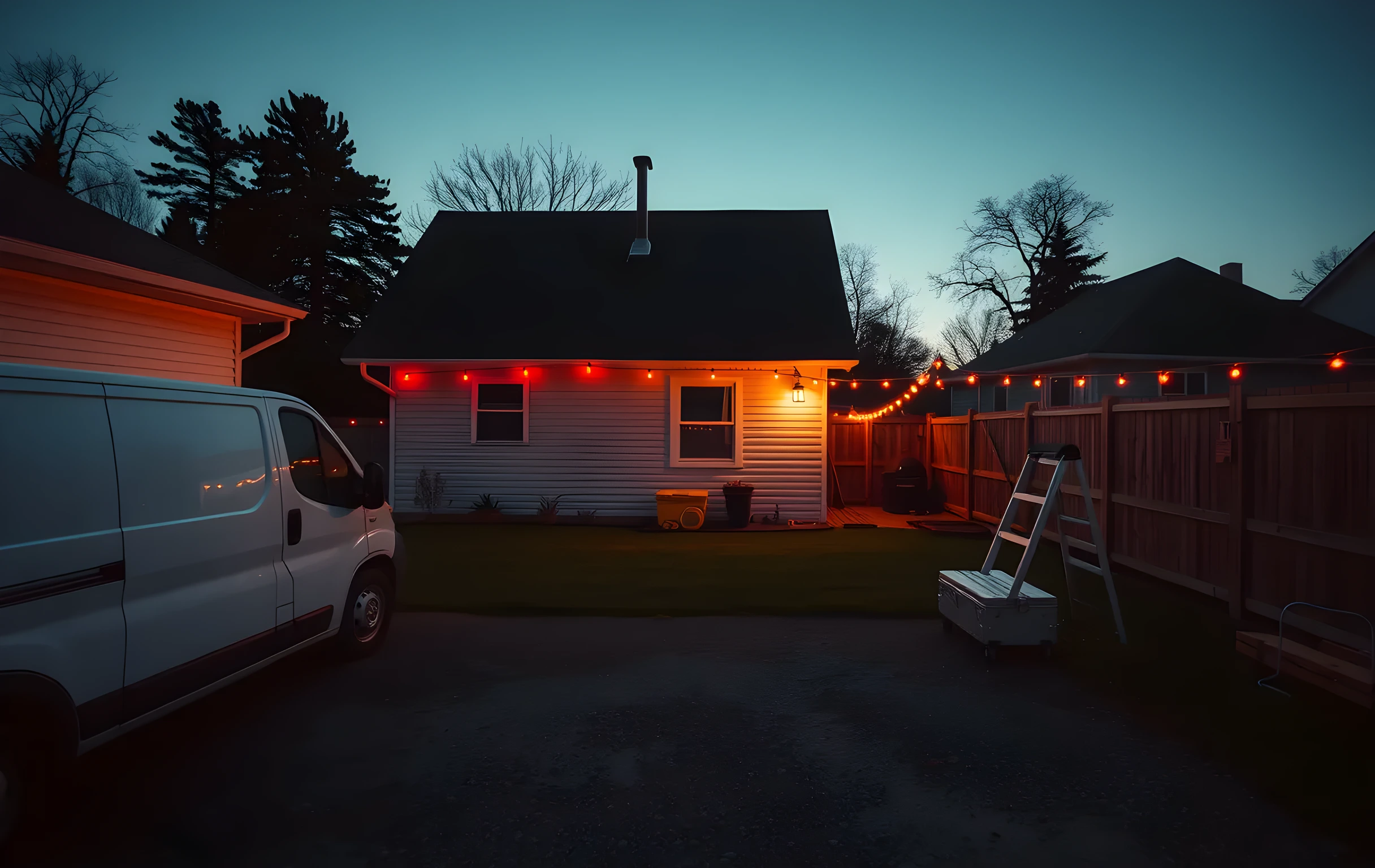 A wide environmental shot at golden hour of a gravel driveway leading up to a suburban house mid-renovation: white work van parked at the curb, aluminum ladders leaning against exposed wall framing, a roll-up tool chest open on the lawn, string lights strung along the backyard fence just beginning to glow against the deepening blue sky. No text visible anywhere. Shot from across the street, medium-wide, warm amber light hitting the siding contrasted with cool shadow