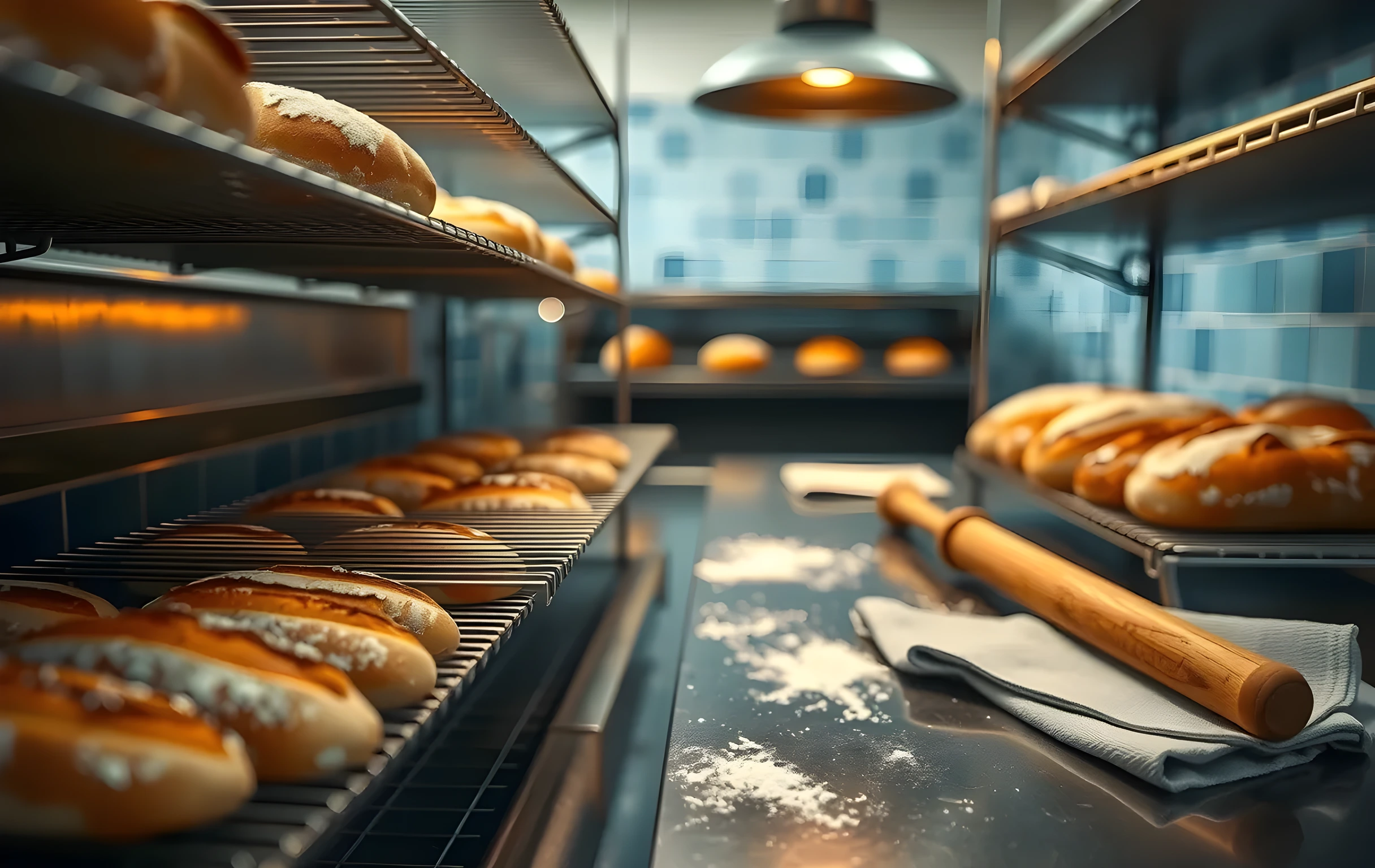 A closer detail view inside a small bakery prep area in late afternoon: rows of wire cooling racks holding golden-brown baguettes and round loaves, a dusting of flour on the stainless steel counter catching warm overhead tungsten light, muted blue ceramic tiles on the backsplash, a wooden rolling pin resting beside a folded linen cloth. No people visible, no text, no screens. Shallow depth of field with the front rack sharp and the back racks softly blurred