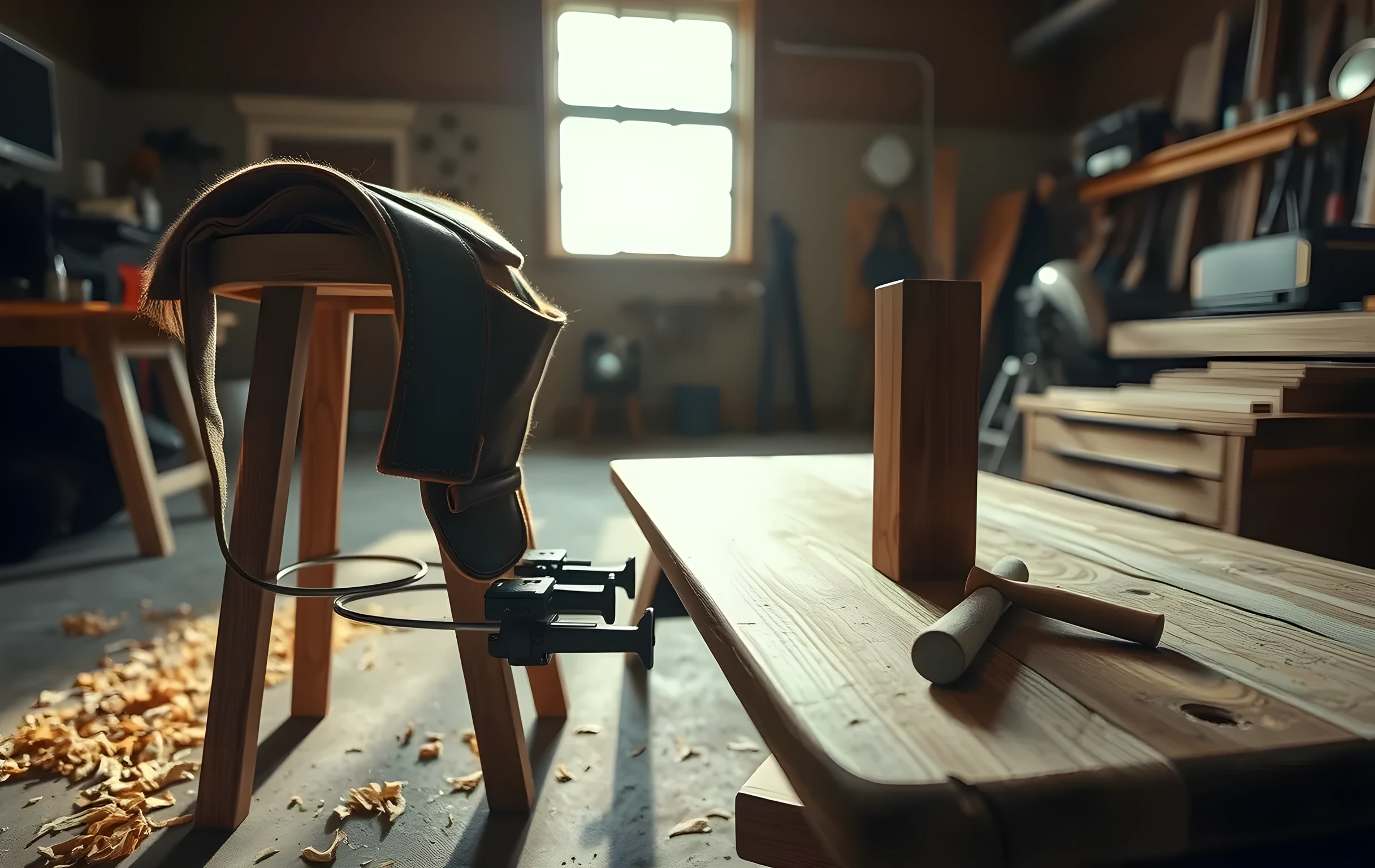 A close detail view inside a garage workshop with late afternoon sun cutting through a high window, a well-worn leather toolbelt draped over a wooden stool, curled wood shavings scattered across a concrete floor, a half-finished oak table leg held in steel clamps on a workbench, a chisel and mallet resting beside it, warm amber light pooling around the objects, no people visible, no text or markings on any surface
