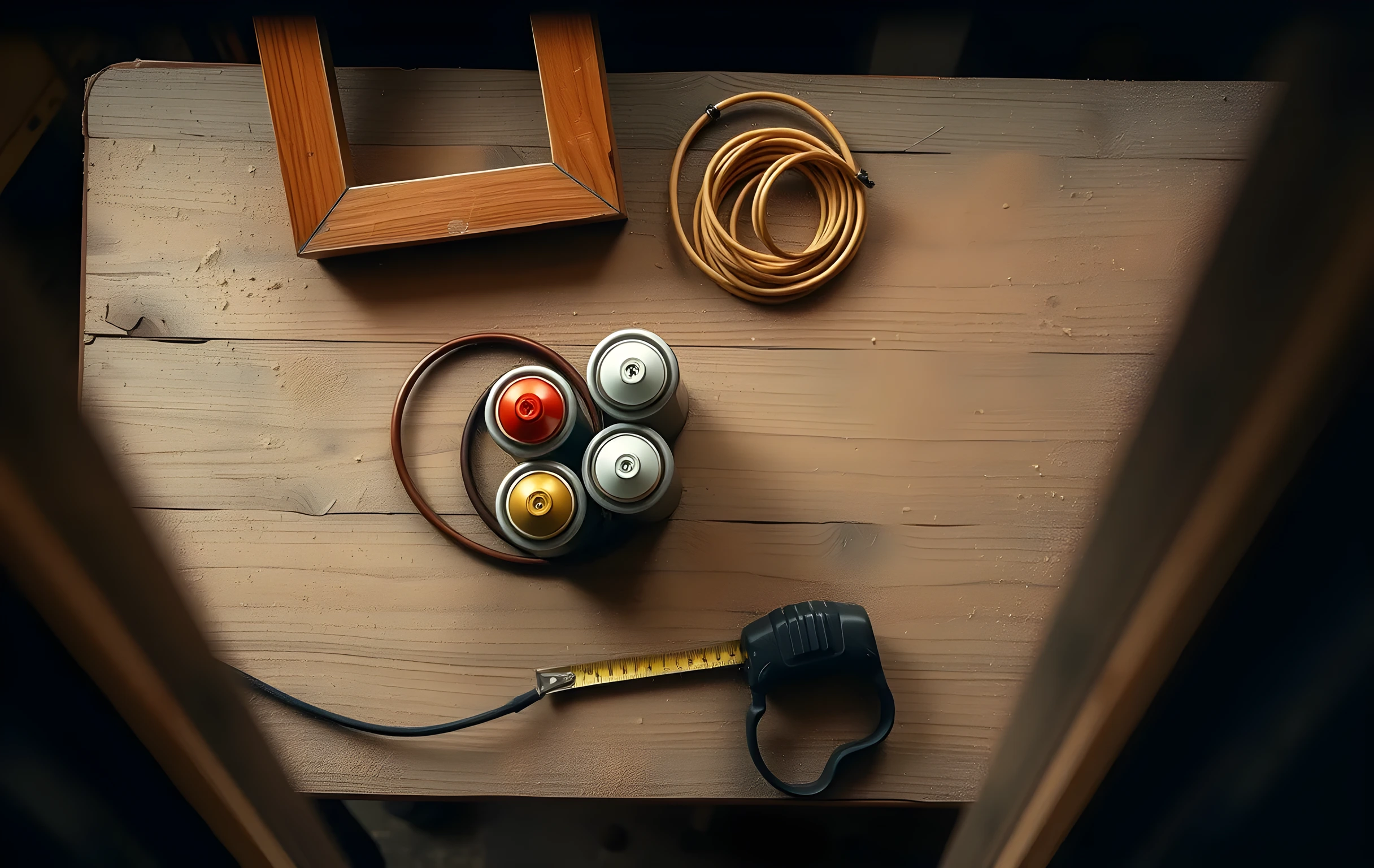 A tight overhead shot of a worn wooden workbench surface covered in fine sawdust, a half-painted wooden frame leaning against the edge, three matte spray paint cans in red white and gold clustered together, a coiled length of copper electrical wire, a steel tape measure with its hook end visible, a pair of scratched safety goggles resting on the bench lip, warm tungsten light from above casting long dramatic shadows across the grain of the wood, no people no text no screens