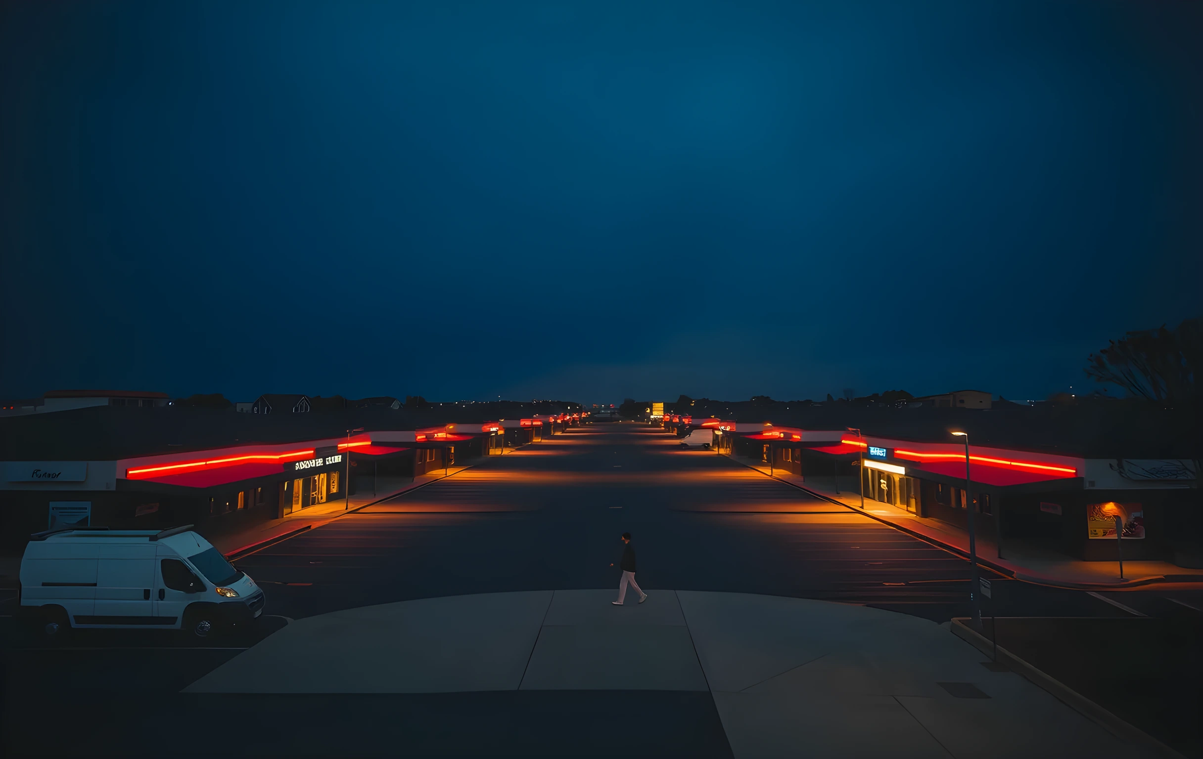 A long quiet suburban commercial strip at blue hour, seen from across the street at wide angle. A row of single-story buildings with flat roofs recede into soft haze, their parking lots glowing under warm sodium lamps. Three delivery vans are parked at slight angles in the foreground lot, a small figure walks between them far in the middle distance. The sky is deep indigo fading to amber at the horizon. No readable text, no signage, no screens