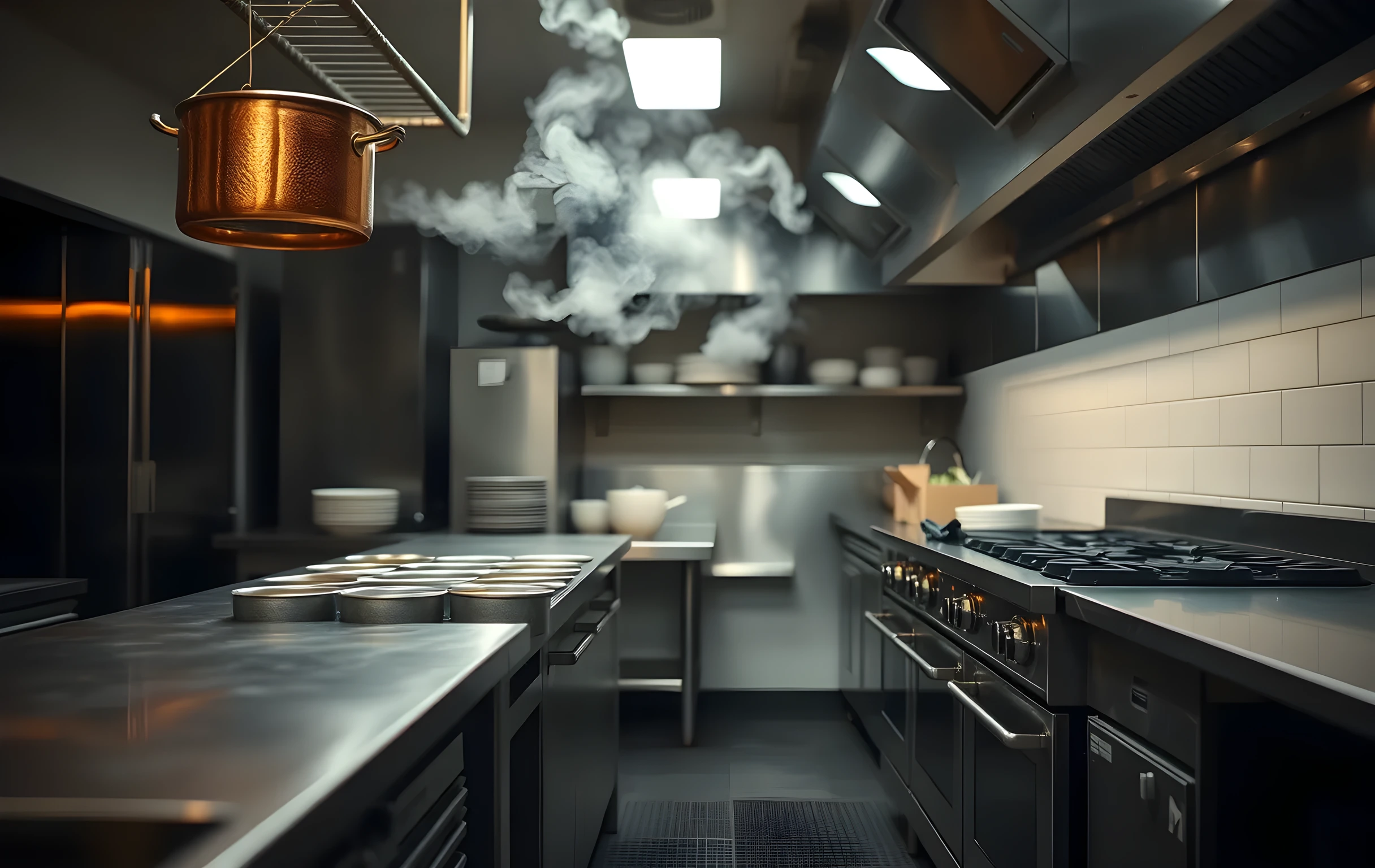 A tight interior view of a restaurant kitchen at arm's length, looking across a long stainless-steel prep table toward a range with a large stockpot steaming gently. A copper pot hangs from a ceiling rack in the upper left, its surface catching warm tungsten light. The backsplash is plain white tile, the floor is dark rubber matting. Steam curls upward and diffuses the background into soft blur. No faces, no text, no screens, no close-up hands