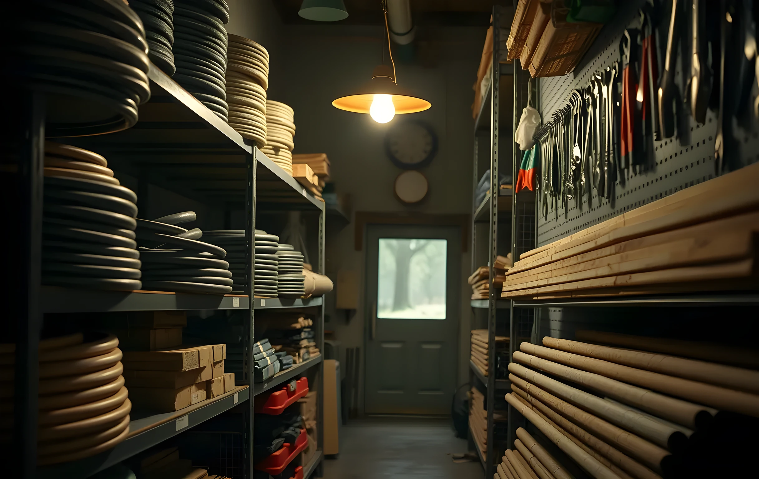 Medium-detail interior shot: the back supply room of a small-town hardware shop, looking down a narrow aisle between floor-to-ceiling metal shelving stacked with coiled garden hose, bundles of copper pipe, and flat-packed lumber. A single warm work lamp hangs low, casting a tight pool of light on a pegboard wall where wrenches and pliers hang in neat rows, fine sawdust motes float in the beam, the far end of the aisle dissolves into soft shadow. No people, no text, no screens, purely texture and warm industrial detail