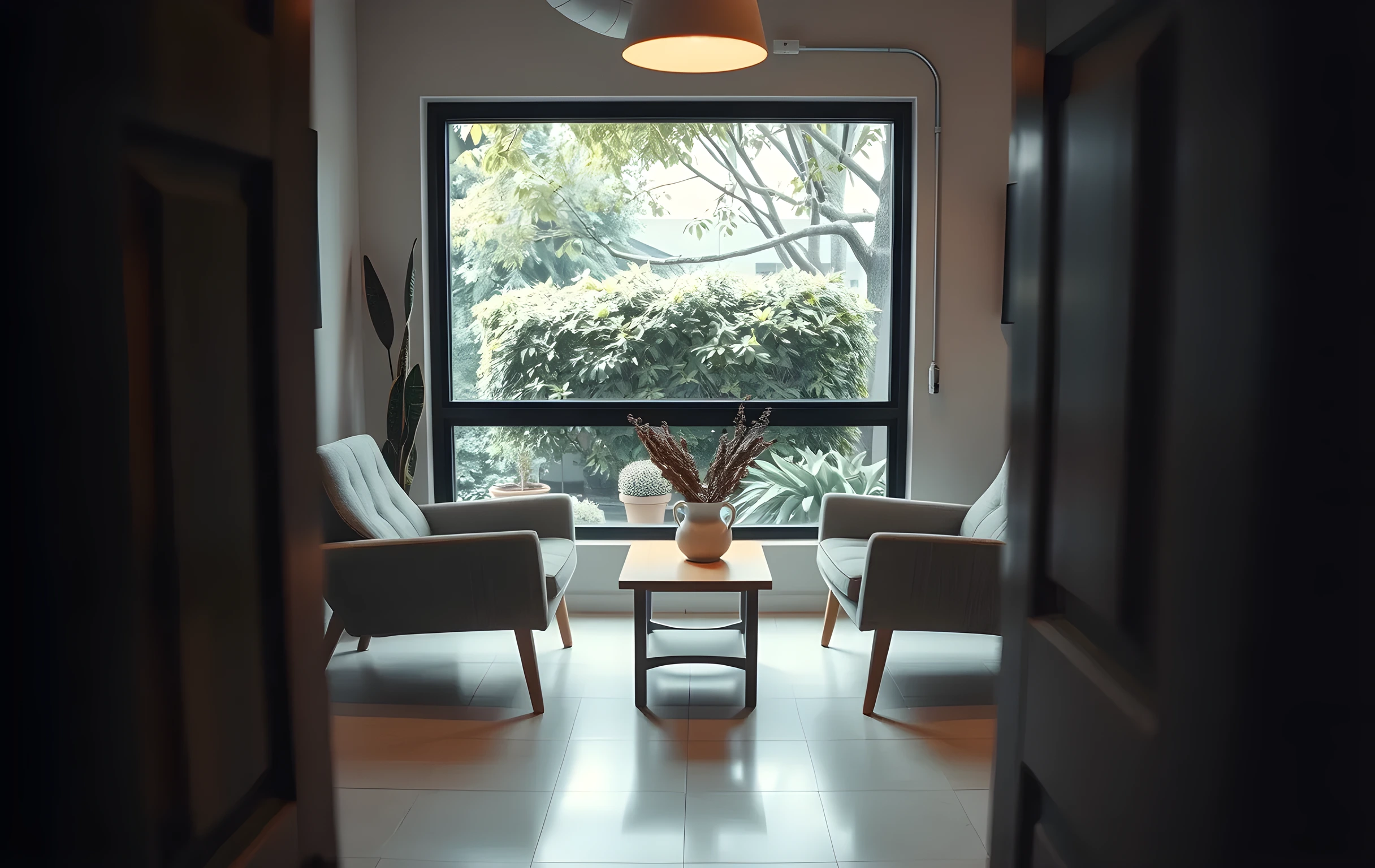 A small independent dental clinic waiting room viewed from across the space toward a large window looking out onto a leafy garden, three modern upholstered chairs arranged in a loose arc, a low wooden side table with a ceramic vase of dried eucalyptus, soft warm overhead lighting casting gentle shadows on pale tile floor, no people, no text, calm and unhurried atmosphere