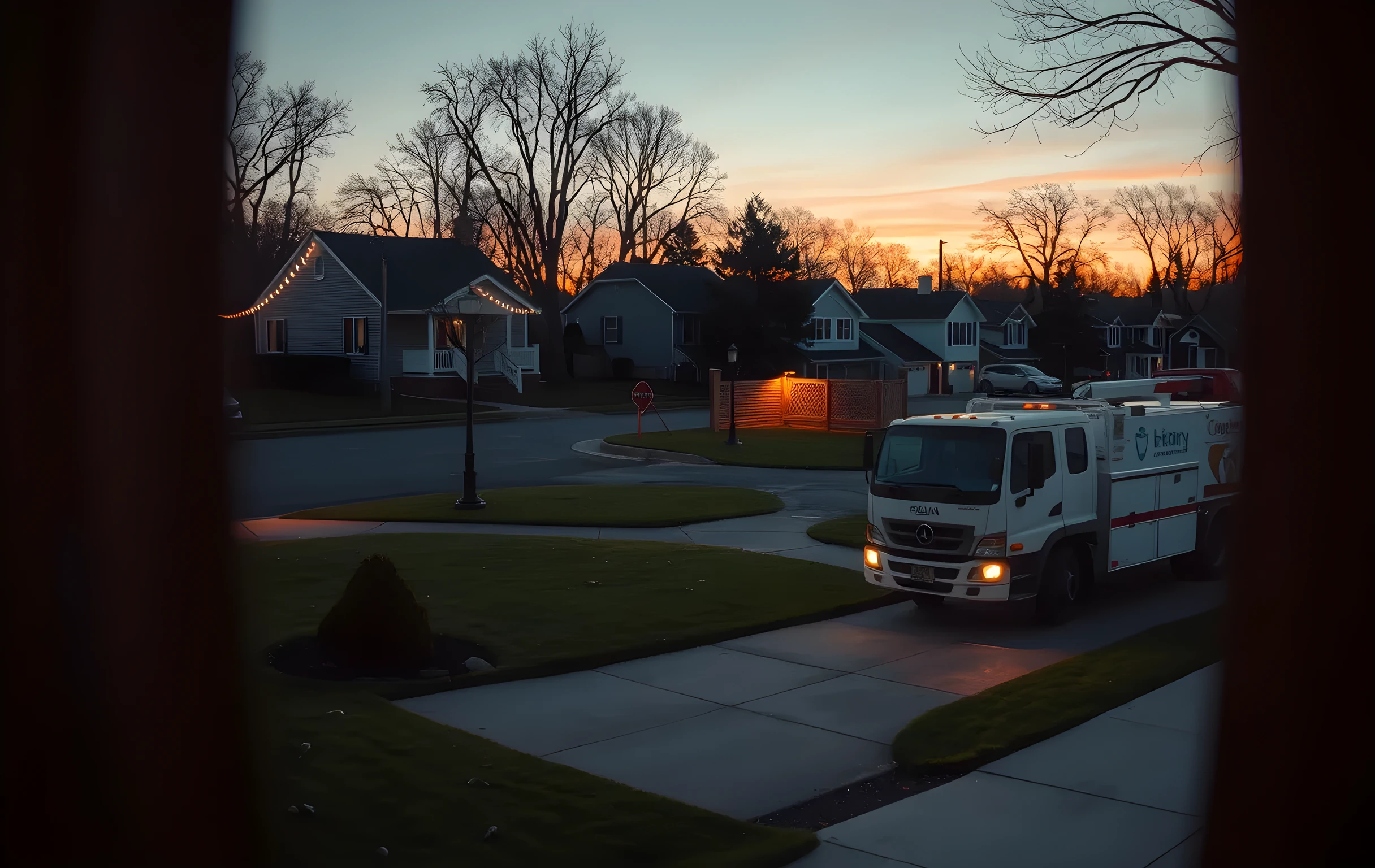 A wide early-evening view of a suburban residential street where a landscaping crew's white work truck is backed up to a split-level house driveway, freshly trimmed boxwood clippings scattered across the manicured lawn, string lights just glowing warm on the porch in the background, three or four neighboring houses receding down the block under a deep amber sky, shot from across the street at medium-far distance
