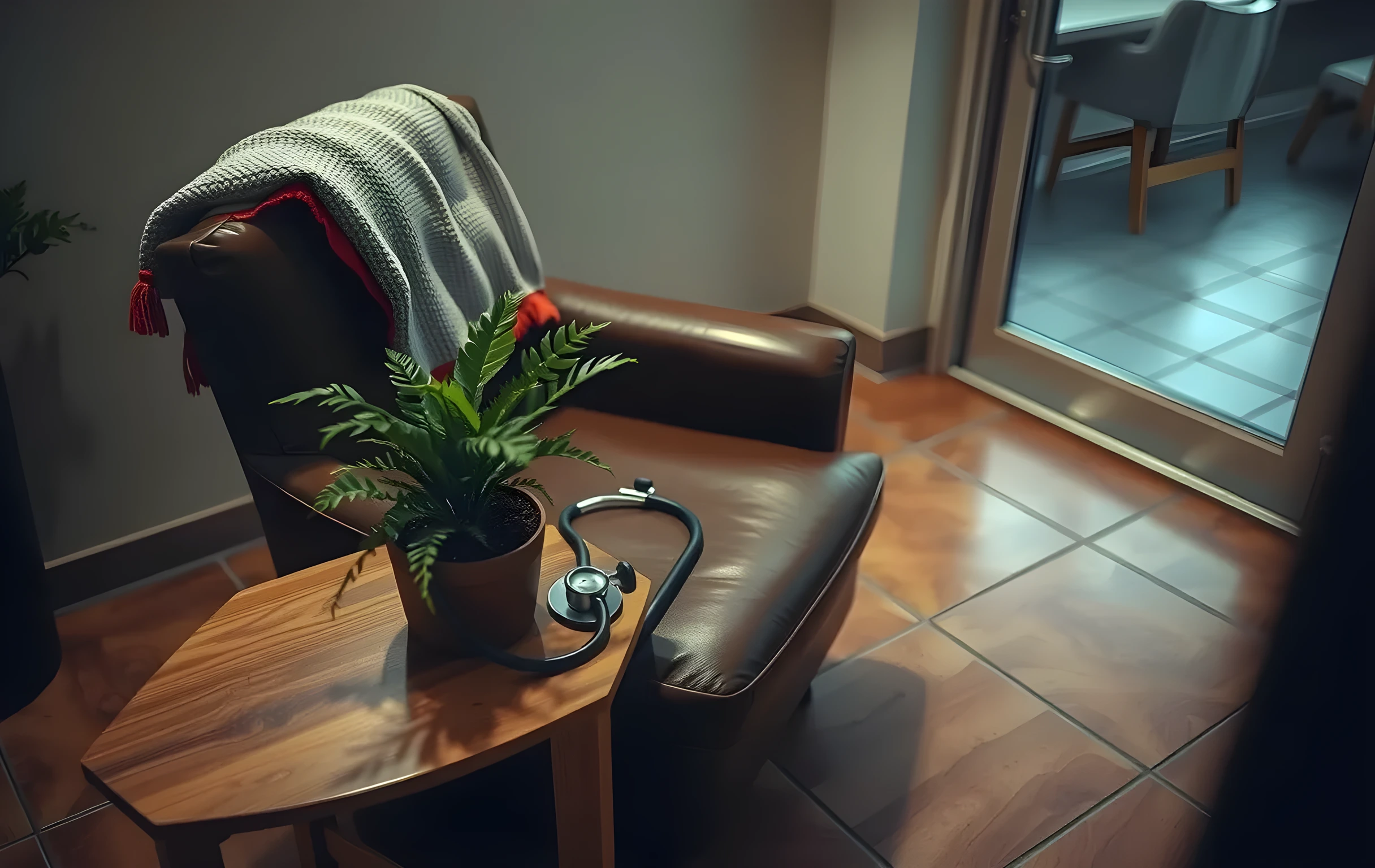 A close interior detail of a small veterinary clinic waiting area at closing time: a single worn leather armchair with a folded blanket draped over one arm, a ceramic water bowl and a potted fern on a low wooden side table, soft warm overhead lighting casting long gentle shadows across the tile floor, a stethoscope resting on the chair seat, no people visible, tight framing focused on the furniture and plant