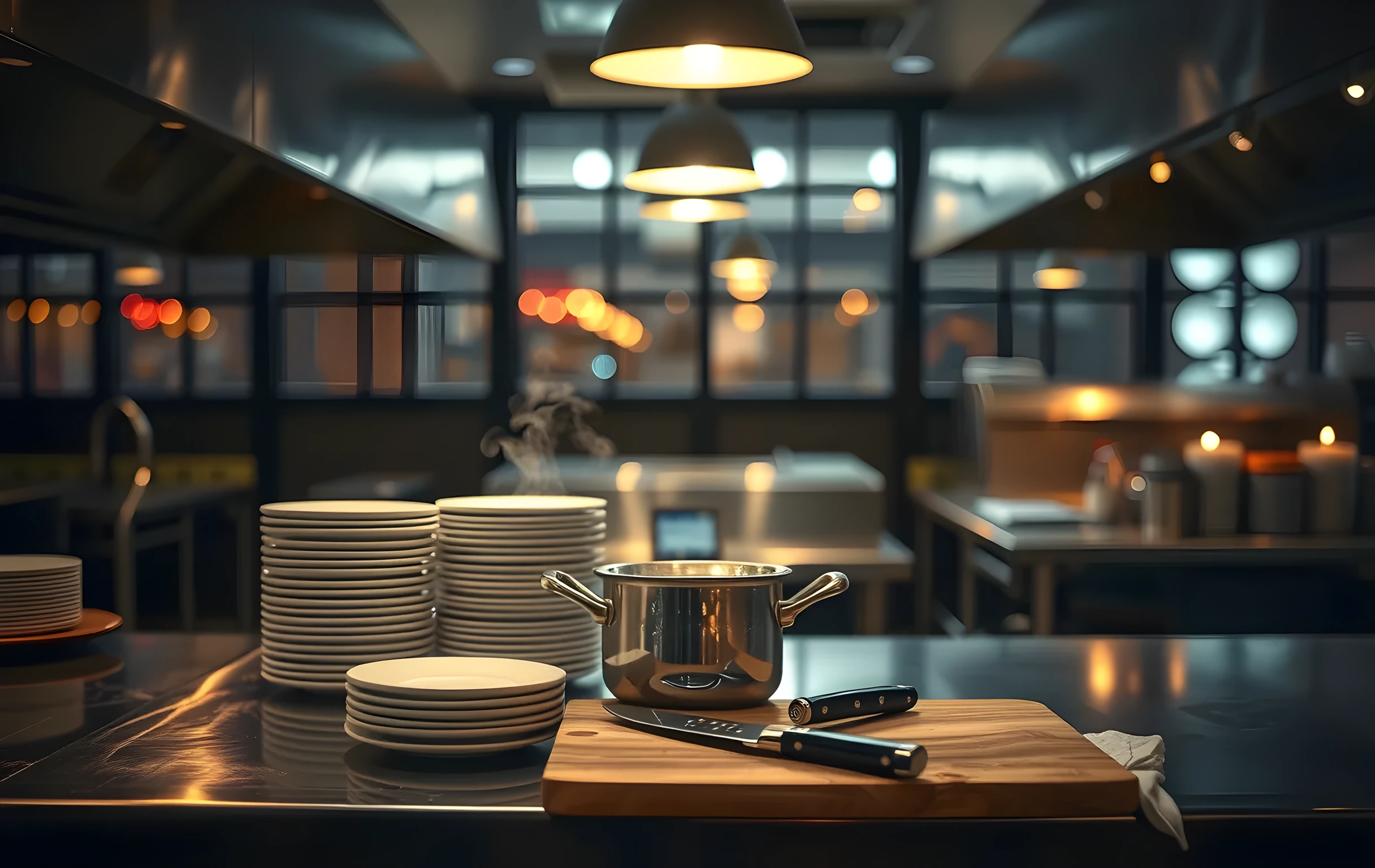 The interior back kitchen pass of a neighborhood restaurant at closing time, stainless steel counters catching warm overhead pendant light, a stack of clean white plates beside a heavy copper pot releasing thin wisps of steam, a well-worn wooden cutting board with a single knife resting on it, the soft blurred glow of dining room candlelight visible through the open pass window behind the counters