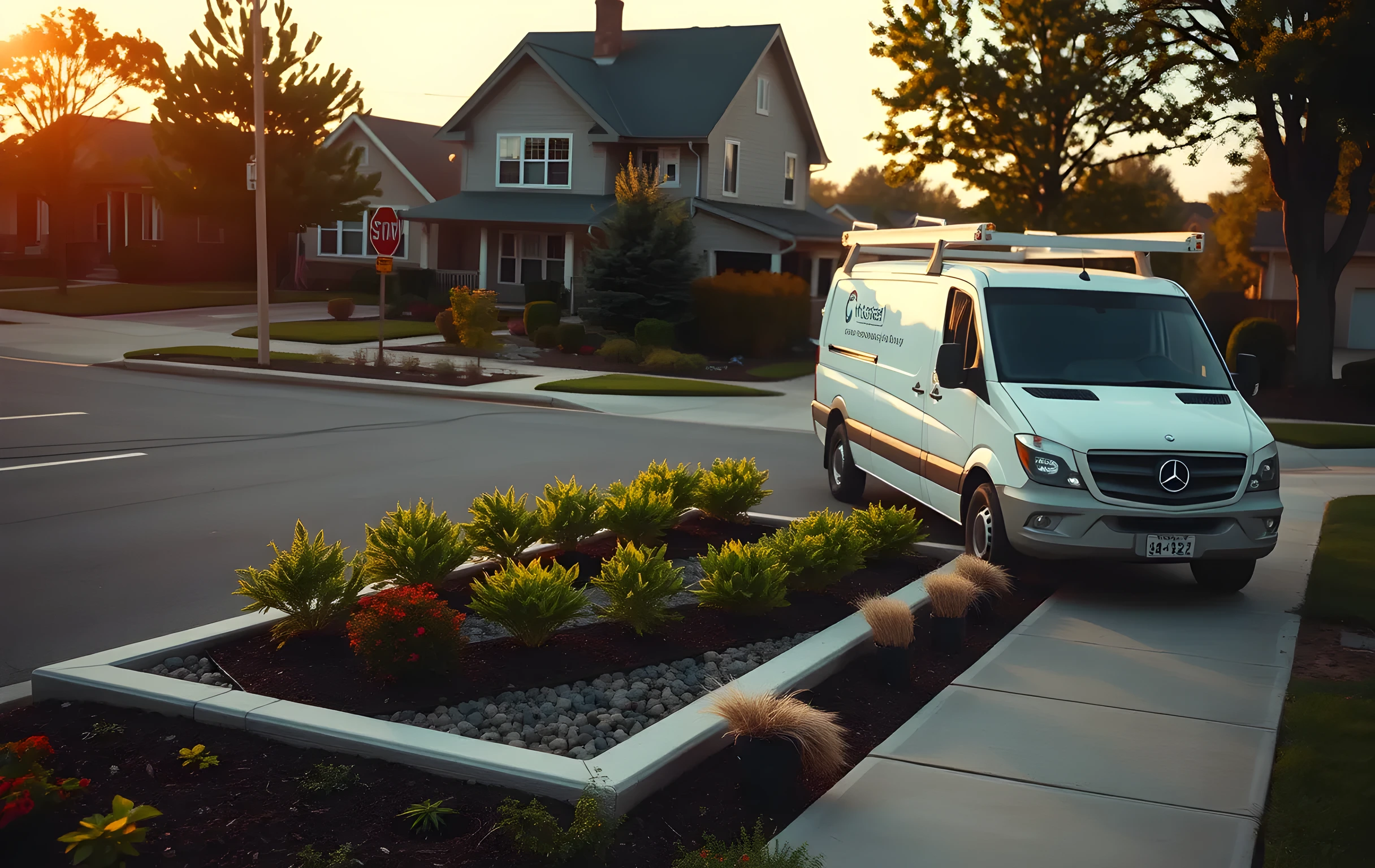 A wide residential street at golden hour where a landscaper's white work van sits parked beside a freshly mulched garden bed, rows of potted perennials and young shrubs lined up on the concrete curb, warm amber sunlight catching the broad green leaves, a soft-focus two-story house in the background, no people visible, no text or signage anywhere in frame