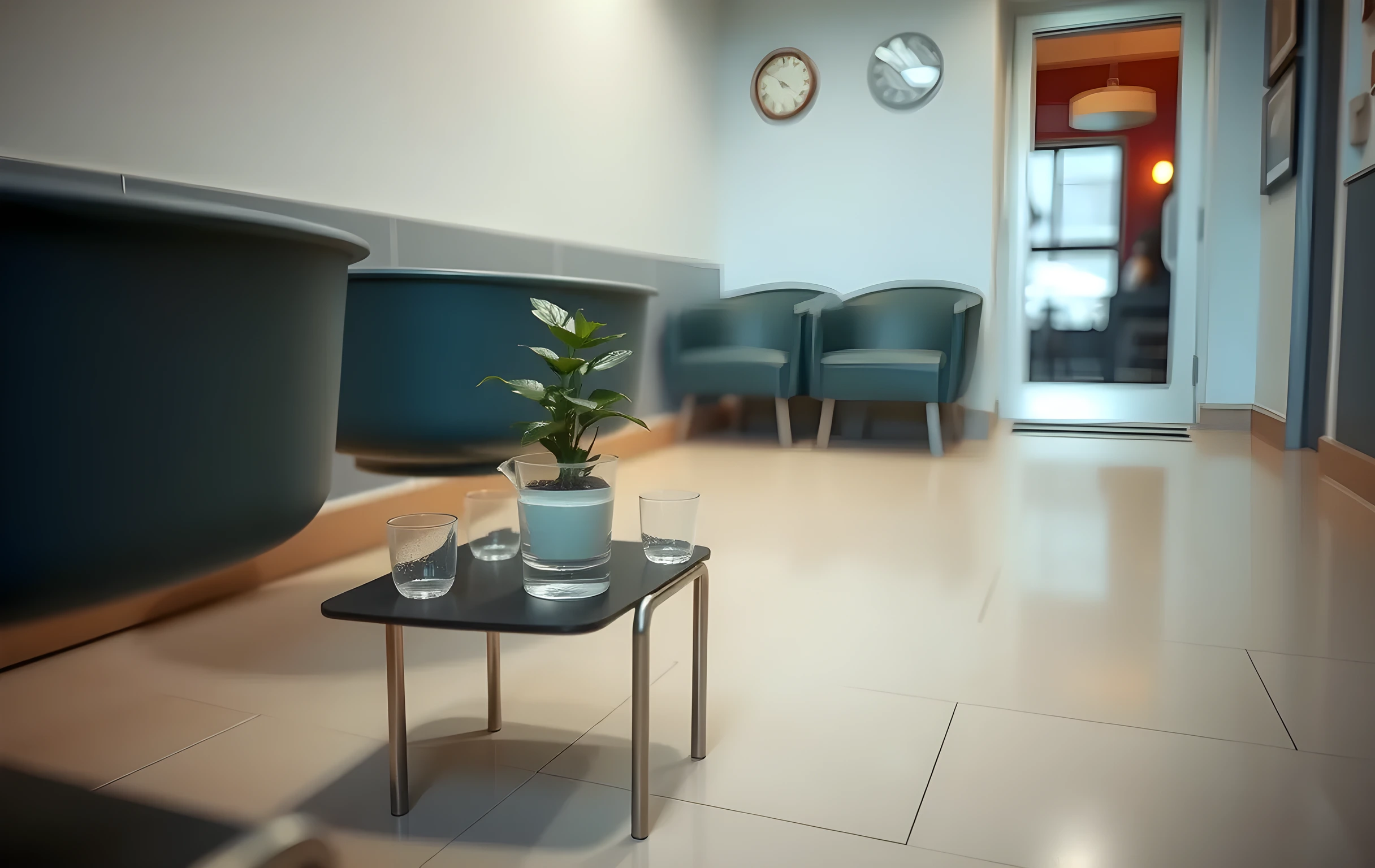 A close interior detail of a dental clinic waiting area: a row of low molded plastic chairs in muted slate blue, a small potted fern on a narrow side table, a glass water pitcher with two clear cups beside it, soft diffused overhead lighting casting gentle shadows across the clean pale linoleum floor, warm and quiet atmosphere, no people, no screens, no text or writing visible