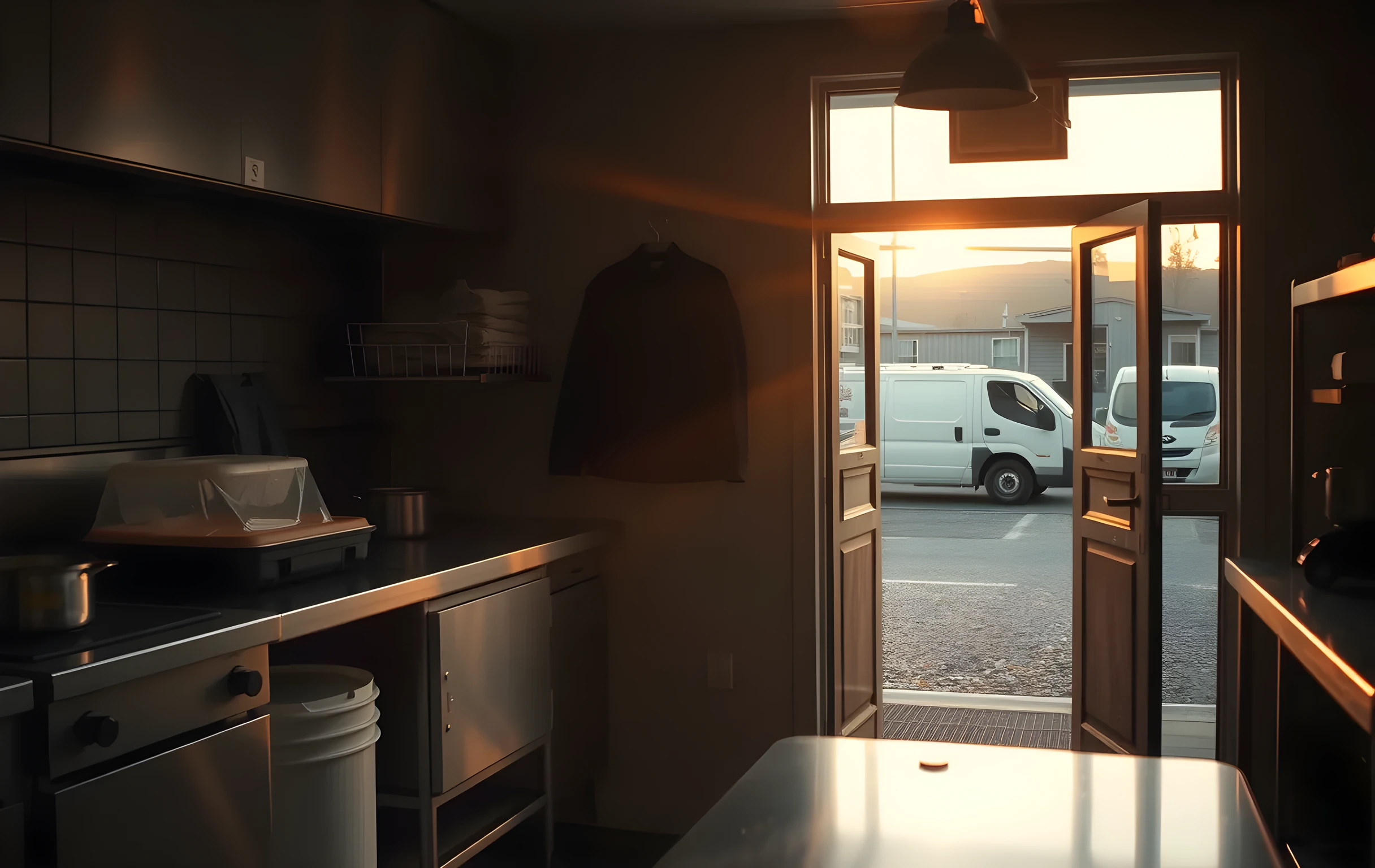A wide interior shot of a small-town restaurant kitchen at golden hour, stainless steel prep counters catching long amber light from a high window, a chef jacket hanging on a wall hook in the mid-ground, gentle steam curling up from a stockpot, the open back door revealing a darkening gravel parking lot where a white delivery van sits idling with its rear doors half-open, warm and slightly hazy atmosphere, no people visible in close-up