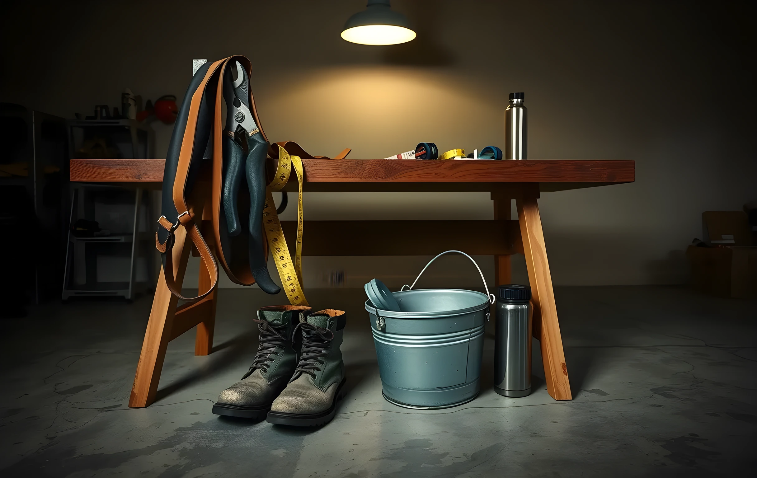 A closer detail view of a contractor's workbench inside a residential garage at dusk, a leather toolbelt draped over a wooden sawhorse with pliers and a tape measure hanging from it, paint-splattered work boots resting on the concrete floor beside a dented steel lunch pail and a half-full thermos, a single warm task light overhead casting long soft shadows across the bench surface, tools and small hardware scattered naturally, no people visible