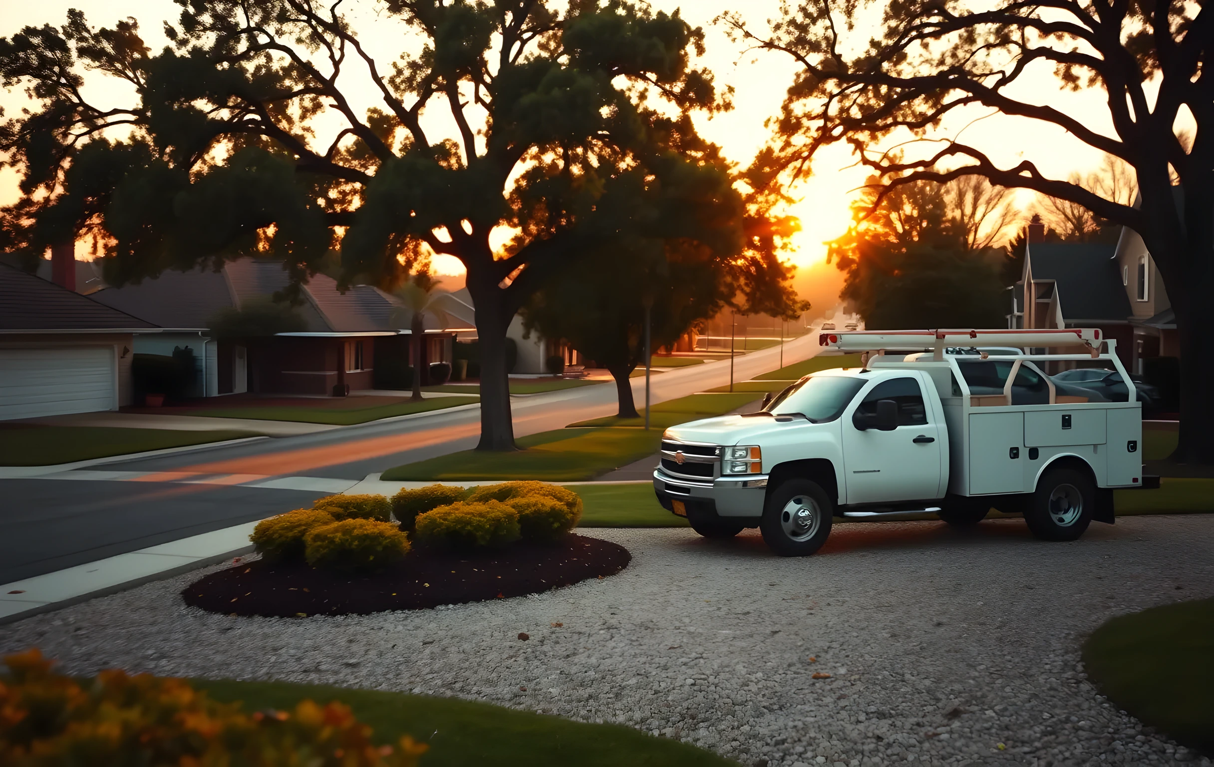 A wide golden-hour shot of a suburban residential neighborhood where a landscaping crew's white work truck is parked in a gravel driveway, freshly spread mulch and trimmed hedge clippings mark the active work zone across the front lawn, soft amber light rakes through mature oak trees lining the street, a few distant neighbors visible as small silhouettes on porches, warm haze softening the background rooftops into a gentle gradient