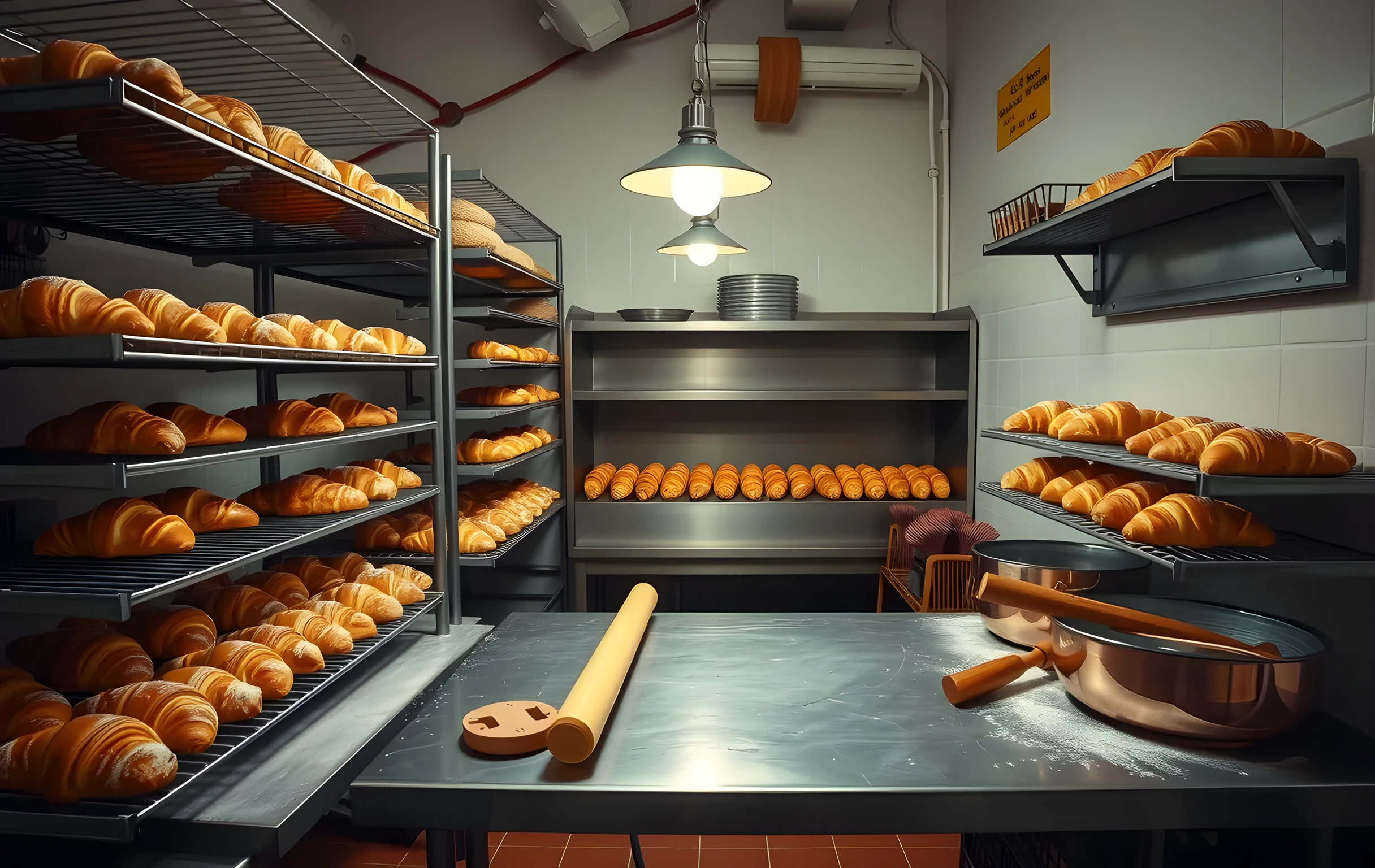 A waist-height interior view across the back-of-house workspace of a small neighborhood bakery, rows of stainless steel cooling racks hold golden-brown croissants and baguettes in neat clusters, a fine dusting of flour catches the warm glow of overhead pendant bulbs, copper mixing bowls and wooden rolling pins rest on a scratched steel prep table, terracotta tiles line the lower wall, the scene is quiet and unoccupied with soft shadows stretching across the metal surfaces