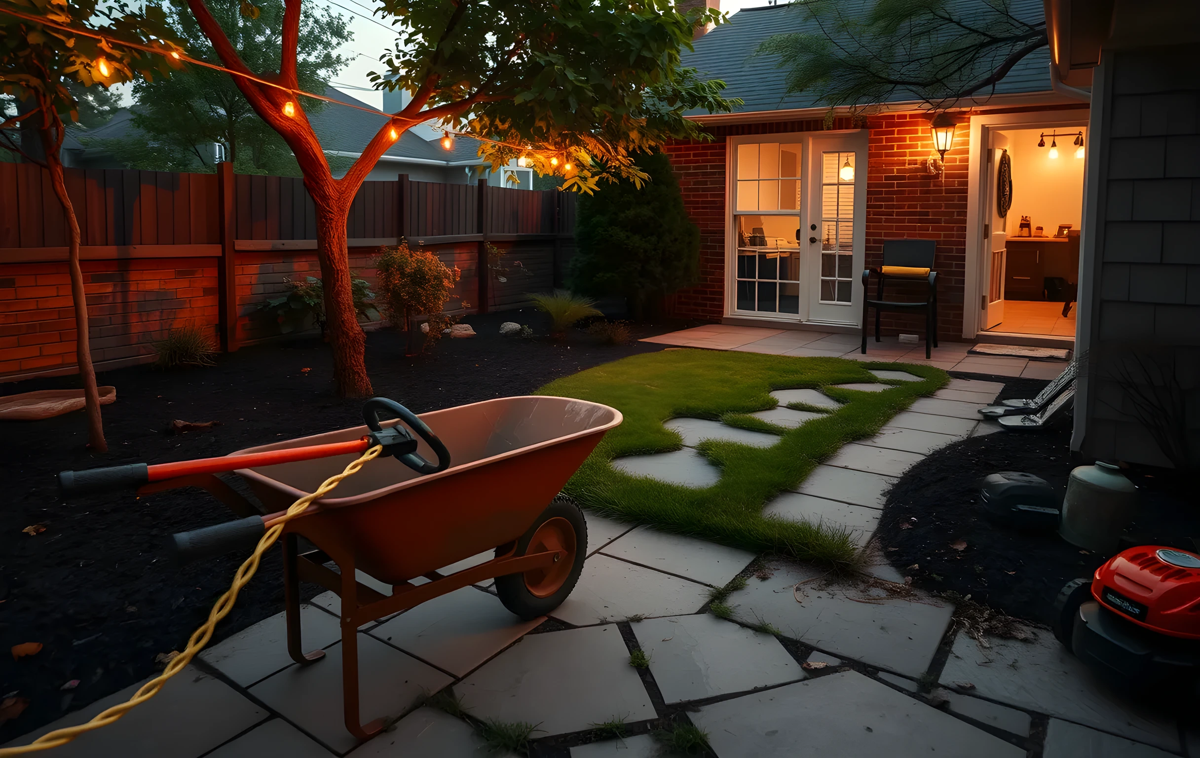 Wide environmental shot of a residential backyard at golden hour where landscaping work is half-finished: a push mower and string trimmer rest on weathered flagstone patio, a rust-colored wheelbarrow tips with dark mulch, warm string lights glow between young maple trees, soft amber kitchen light spills from an open back door in a single-story brick house, no people visible