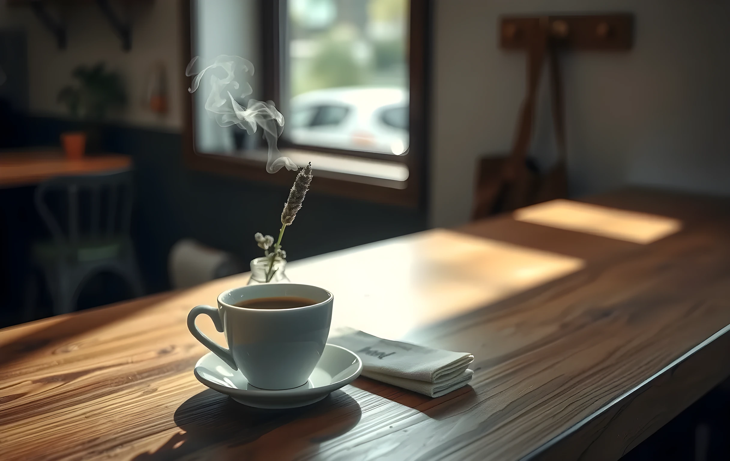 Medium-close view of a worn wooden café counter at mid-morning where a ceramic cup of espresso sits beside a folded linen napkin and a small glass vase holding one sprig of lavender, soft directional window light catching thin rising steam, a well-worn leather apron hanging on a brass hook softly blurred in the background, no people visible