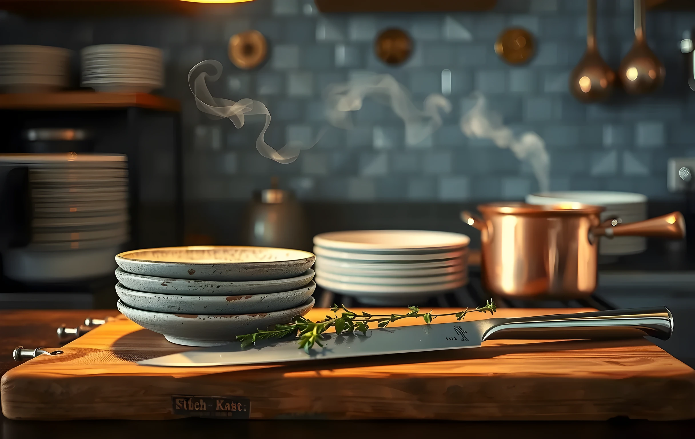 A mid-distance view from just behind the pass counter in a small bistro kitchen, a stack of speckled stoneware plates catching warm tungsten light from an overhead pendant, a copper stockpot releasing a thin wisp of steam, a well-worn wooden cutting board with scattered sprigs of thyme and a steel chef's knife resting at a slight angle, muted blue-grey tiled backsplash, no faces, no hands, no text visible