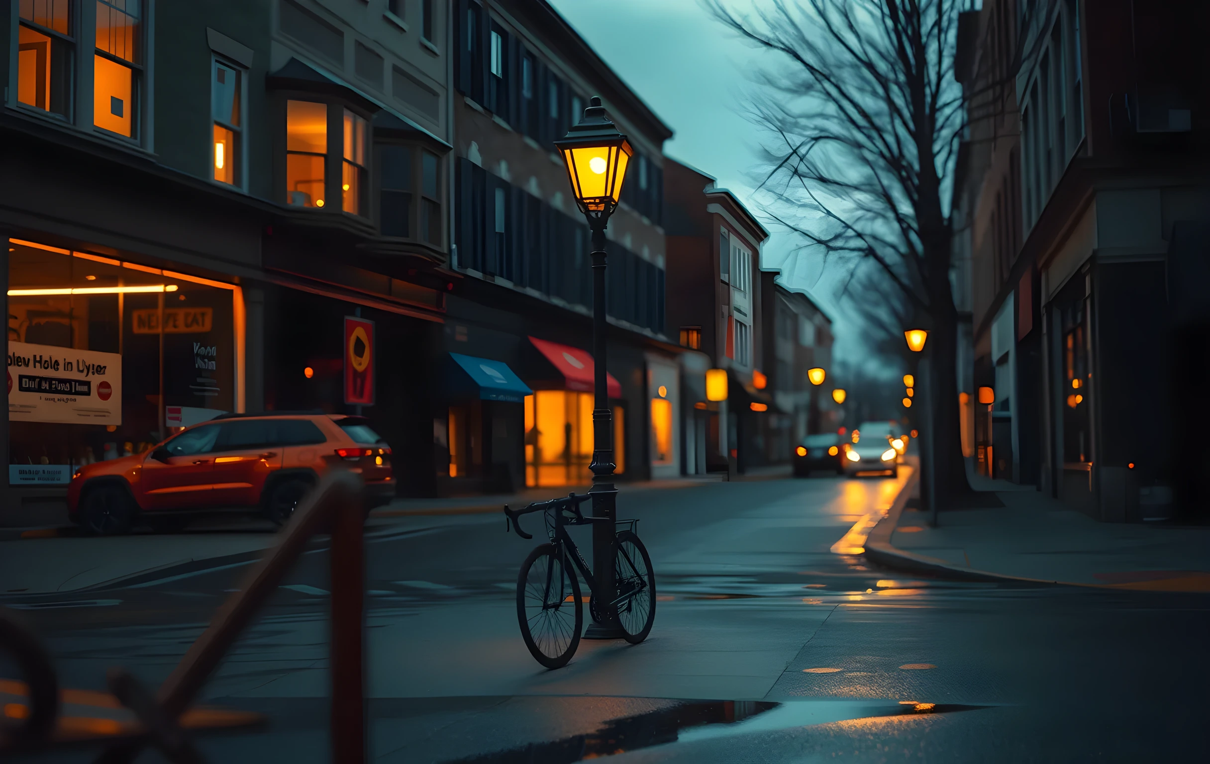 A quiet mixed-use street at blue hour viewed from a distance down the road; warm amber light spills softly from second-floor residential windows above ground-level commercial spaces, wet asphalt catches long golden reflections, a single dark bicycle leans against a cast-iron lamppost in the mid-ground, muted teal and amber color palette, no visible text or signage anywhere, wide environmental composition