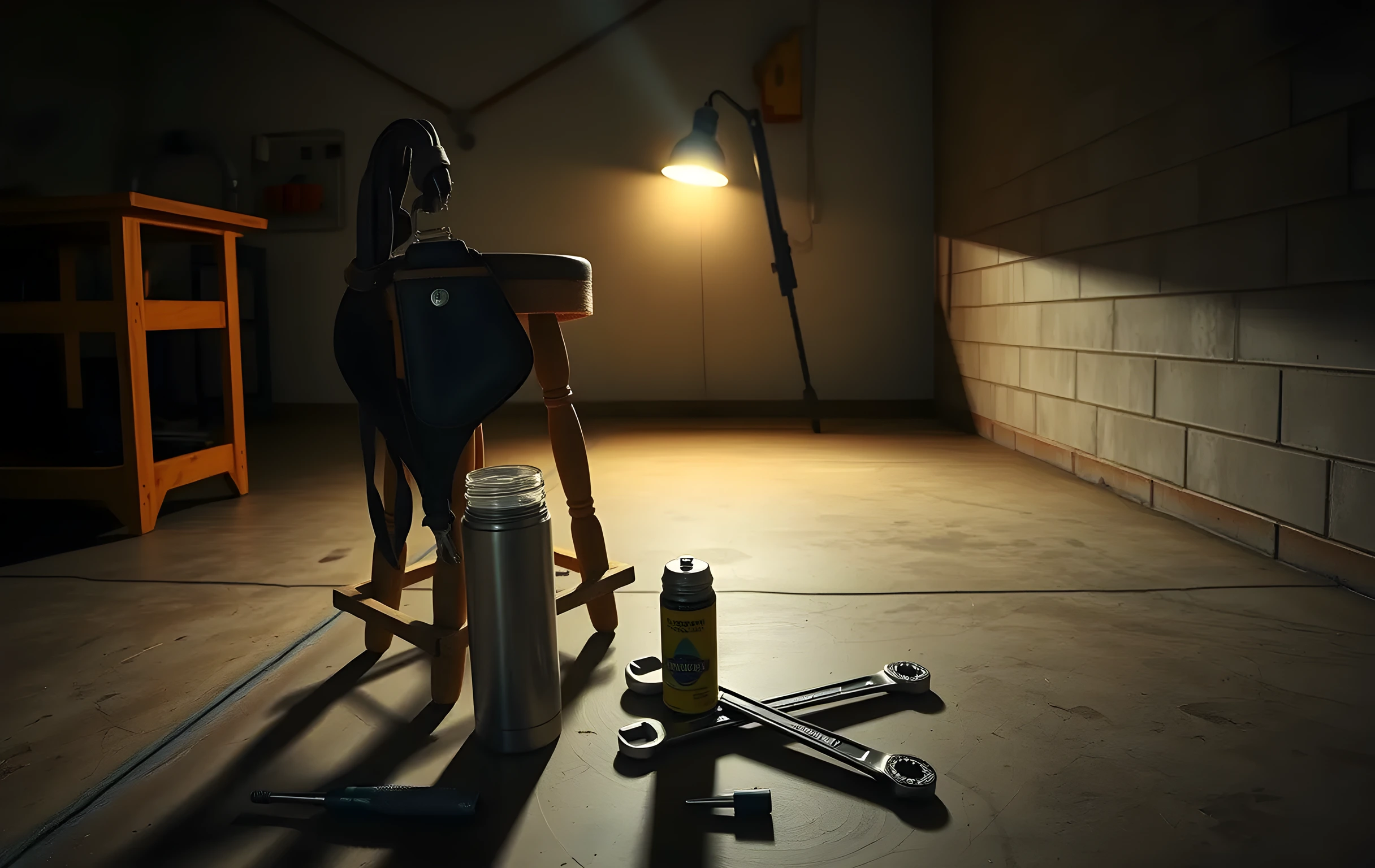 The rear workbench area of a small contractor's garage at dusk; a well-worn leather toolbelt hangs loosely over a rough-hewn wooden stool, a dented steel thermos and two combination wrenches rest on the stained concrete floor, a single warm task lamp throws long dramatic shadows across the back wall, no text visible anywhere, medium close-up detail composition