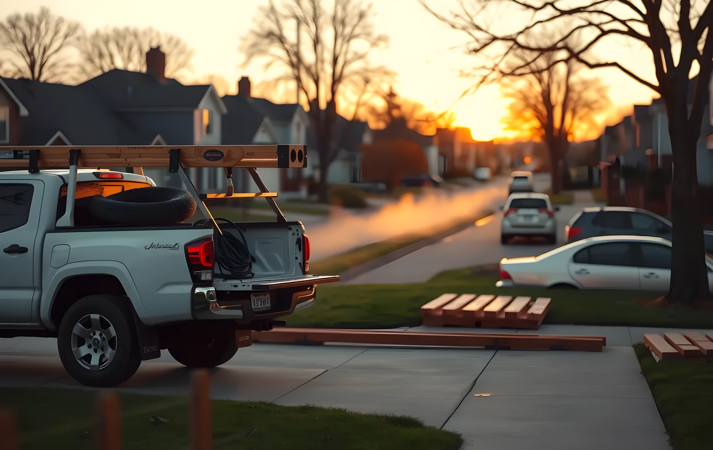 A wide-angle view of a quiet suburban cul-de-sac at golden hour, a white work truck parked in a driveway with its tailgate lowered and a ladder strapped to the roof rack, coiled extension cord and a half-built cedar fence section lying on the front lawn, soft morning mist still settling between rows of houses receding into gentle warm blur, no visible text or signage anywhere in frame