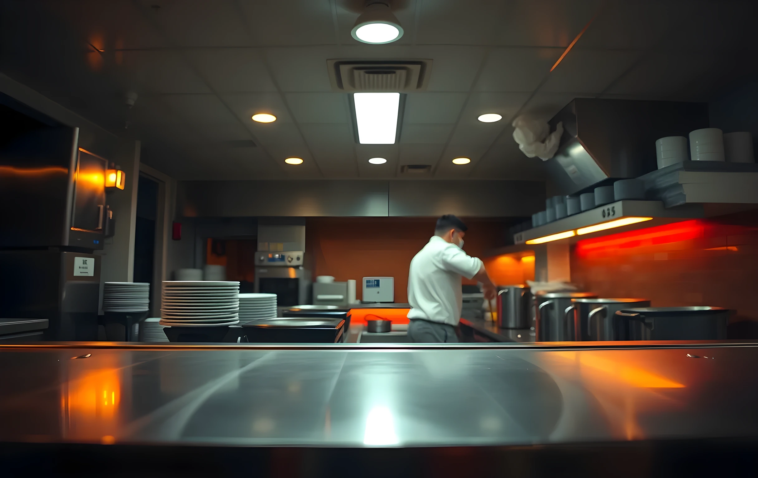 A close interior view from the dining room side of a neighborhood restaurant looking toward the kitchen pass rail, the stainless steel counter edge catching warm amber overhead light, two figures in white uniforms at medium distance plating and wiping surfaces, steam curling upward from stockpots along the back wall, the deep red glow of evening service, no readable text or branding visible on any surface