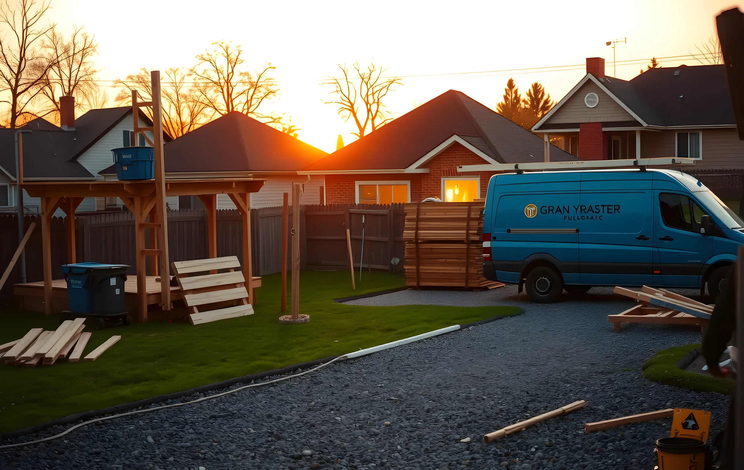 Wide-angle view of a suburban backyard at golden hour where a contractor has half-built a wooden deck, with scaffolding poles and stacked cedar planks on the lawn, a blue work van parked in the gravel driveway, warm porch light glowing from the house behind, neighboring rooftops fading into soft amber evening haze, no people visible