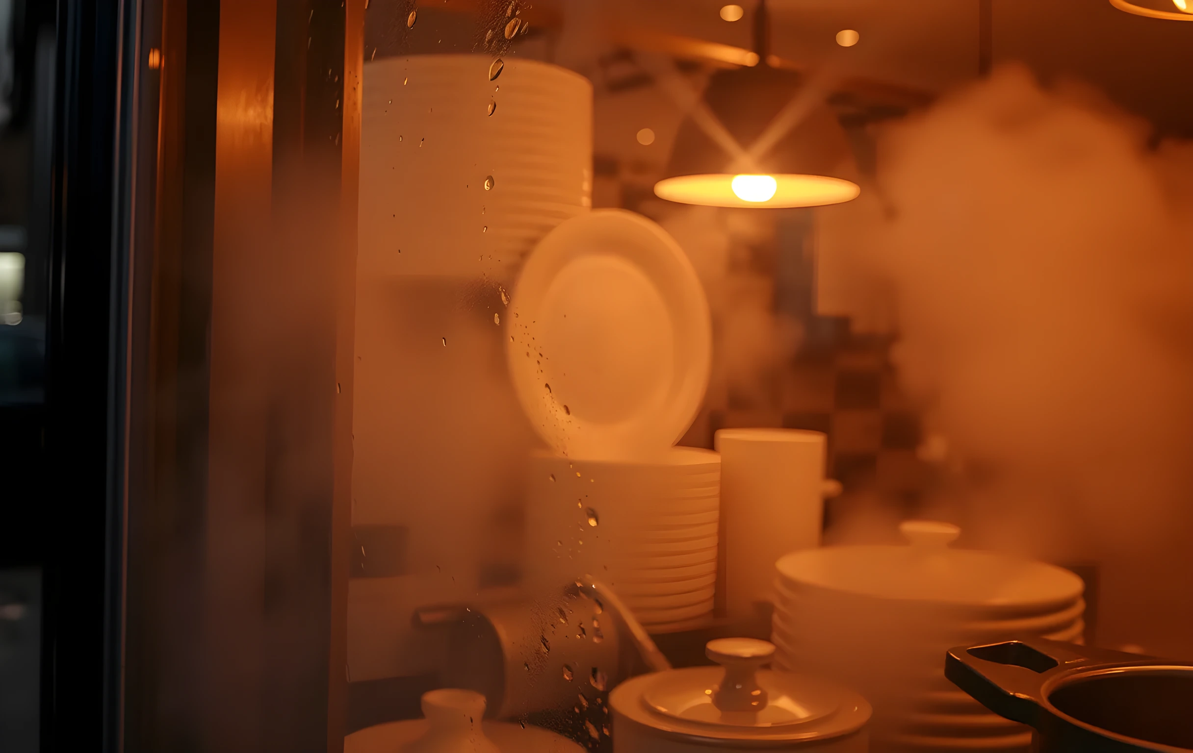 Tight detail shot of a restaurant kitchen service window at night seen from the dark street outside, thick steam and condensation curling across the glass surface, warm amber interior light and the rounded silhouettes of stacked ceramic plates and copper pots barely visible through the fog, rain droplets beading on the exterior pane, no text or signage anywhere in frame