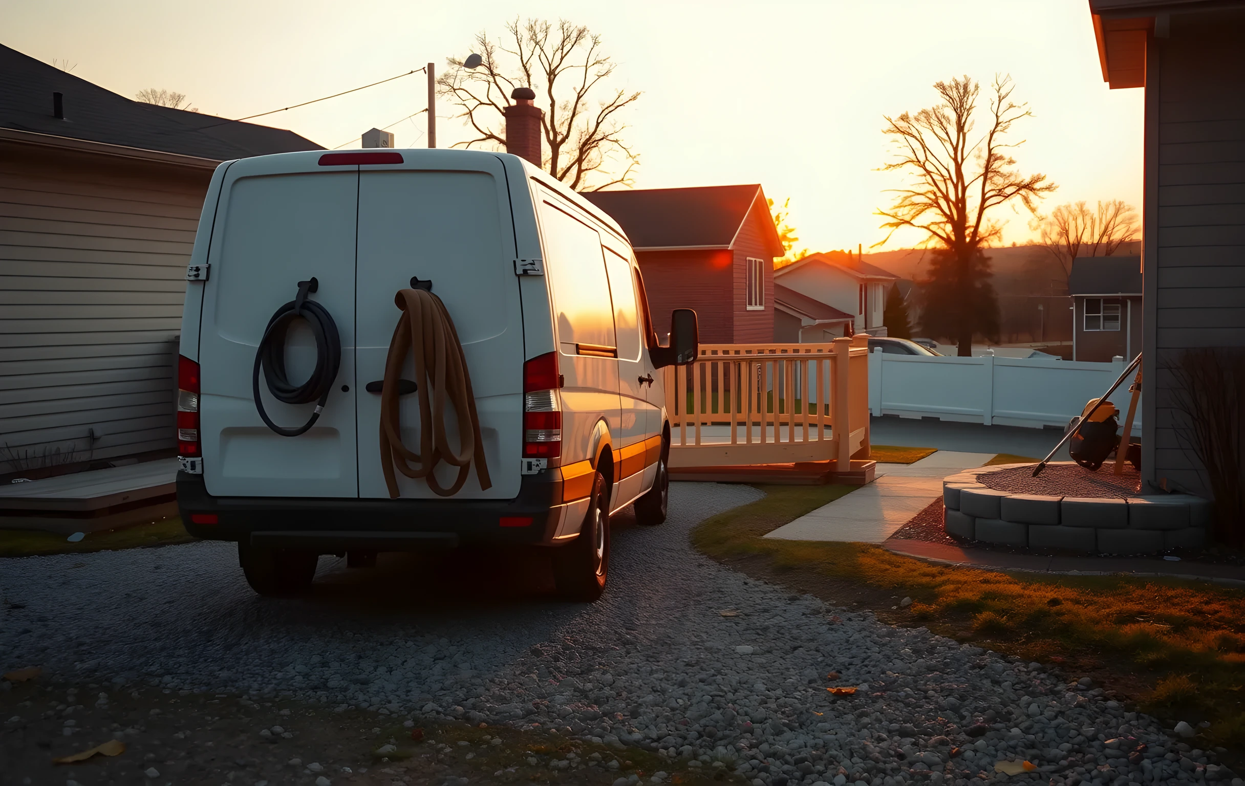 A wide golden-hour view of a gravel driveway behind a suburban home where a white work van is parked at an angle, heavy tool belts and coiled hoses hanging loosely from the rear bumper, a half-built wooden deck extending into the yard behind it, soft amber light raking across the siding, distant rooftops fading into warm haze, no people visible, no text or markings on any surface