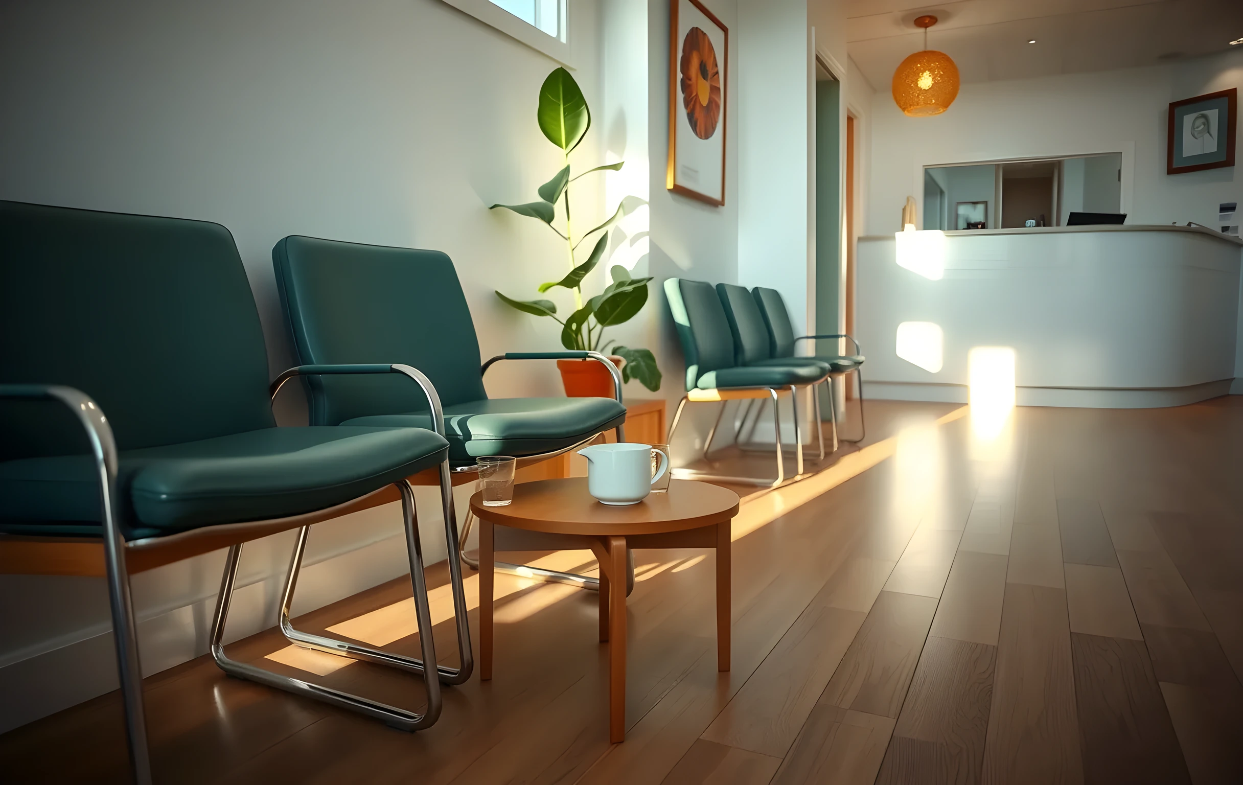 A close interior detail of a small dental clinic waiting area in late afternoon, a row of four cushioned vinyl chairs in muted teal arranged along a pale wall, a tall potted fiddle-leaf fig catching a slant of warm window light, polished light-oak flooring reflecting the glow, a low wooden side table holding a ceramic water pitcher and two small glasses, the far end of the room softly out of focus with a reception counter barely visible, no people, no signage, no text anywhere