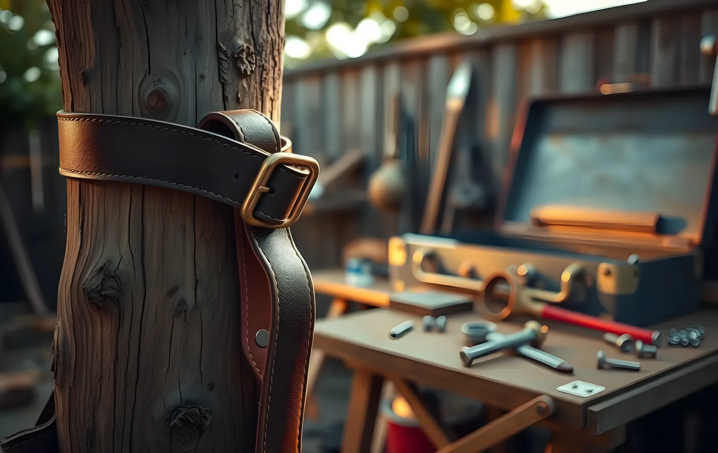 A close-up detail of a well-worn leather toolbelt draped over a rough wooden fence post in a backyard workshop area, late golden-hour sunlight catching the brass clasps and stitching, a workbench with scattered bolts and a half-open toolbox softly blurred in the background, no people, no text, warm earthy tones dominating the palette