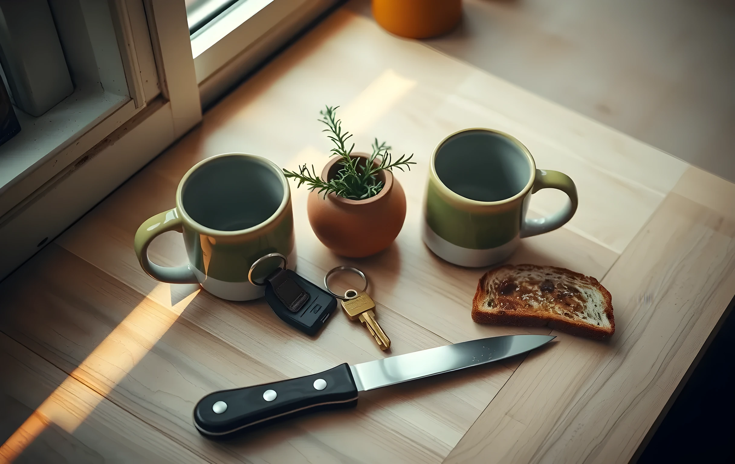 A tight overhead detail shot of a well-worn kitchen counter at early morning. Two ceramic mugs sit side by side, one half-empty. A small potted rosemary plant in a rough clay pot sits between them. Scattered nearby: a set of brass car keys on a leather fob, a worn brown leather wallet, and a single slice of toast with a knife resting across it. Warm directional light from a window at the left edge casts long soft shadows across pale wooden grain. No text, no screens, no faces